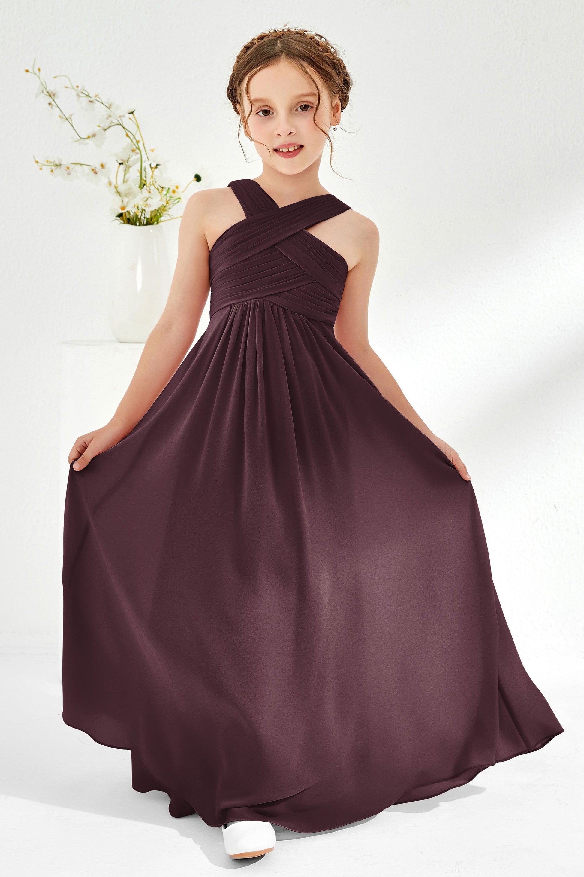 Duntery Grecian Neck Pleated Sleeveless Junior Bridesmaid Dress, Chocolate Duntery Grecian Neck Pleated Sleeveless Junior Bridesmaid Dress, Chocolate