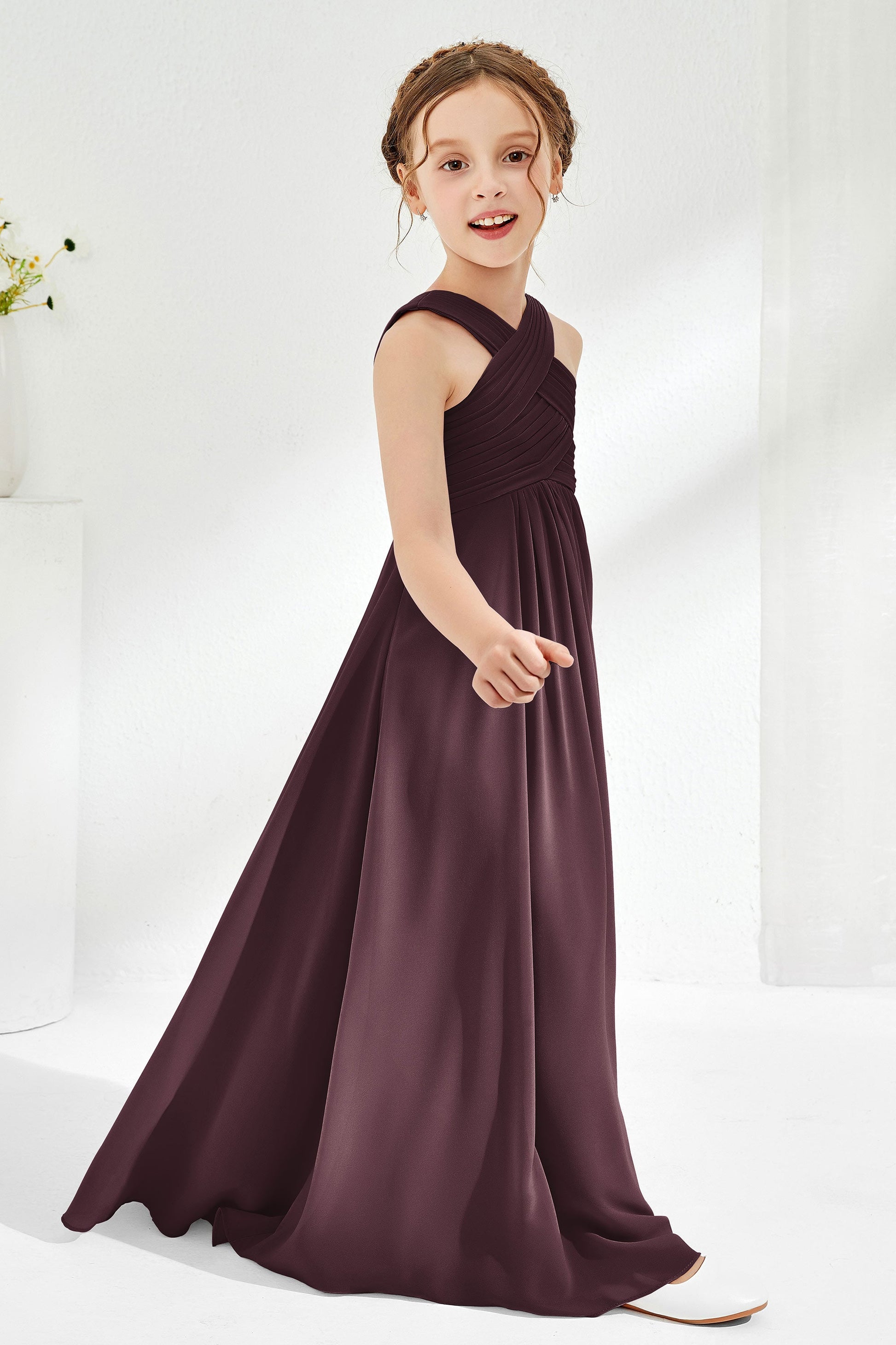 Duntery Grecian Neck Pleated Sleeveless Junior Bridesmaid Dress, Chocolate Duntery Grecian Neck Pleated Sleeveless Junior Bridesmaid Dress, Chocolate