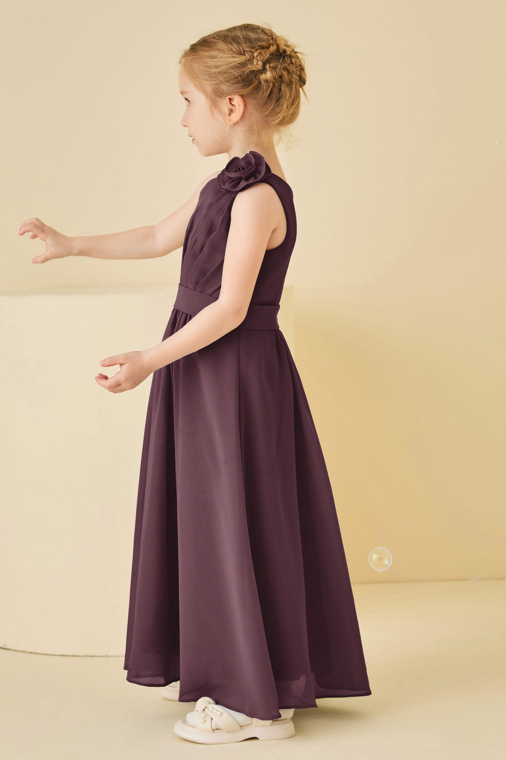 Duntery Flower One Shoulder Pleated Long Junior Bridesmaid Dress, Mulberry Duntery Flower One Shoulder Pleated Long Junior Bridesmaid Dress, Mulberry