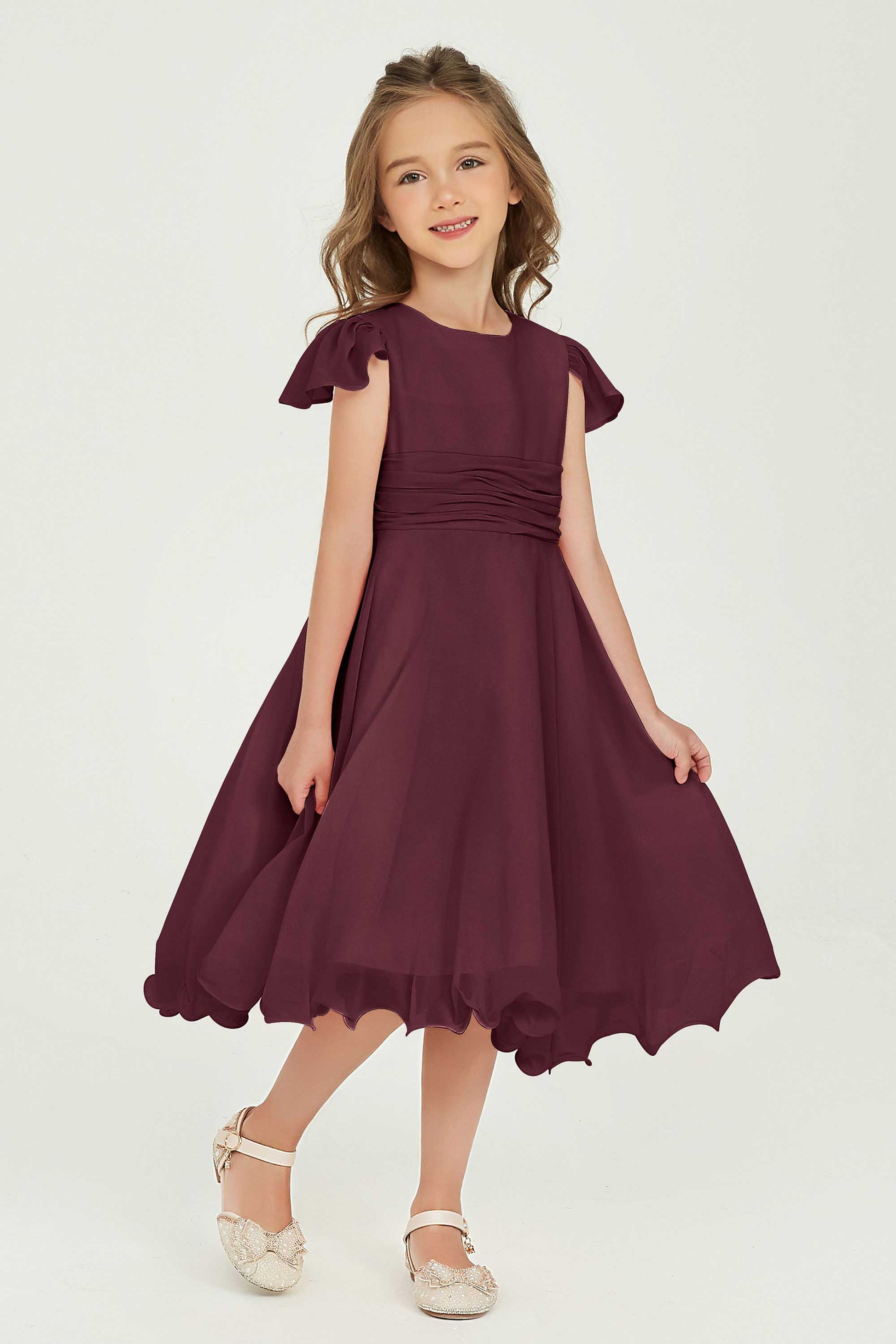 Duntery Cap Sleeves Chiffon Tea Length Junior Bridesmaid Dress with Bowknot, Terracotta Duntery Cap Sleeves Chiffon Tea Length Junior Bridesmaid Dress with Bowknot, Terracotta
