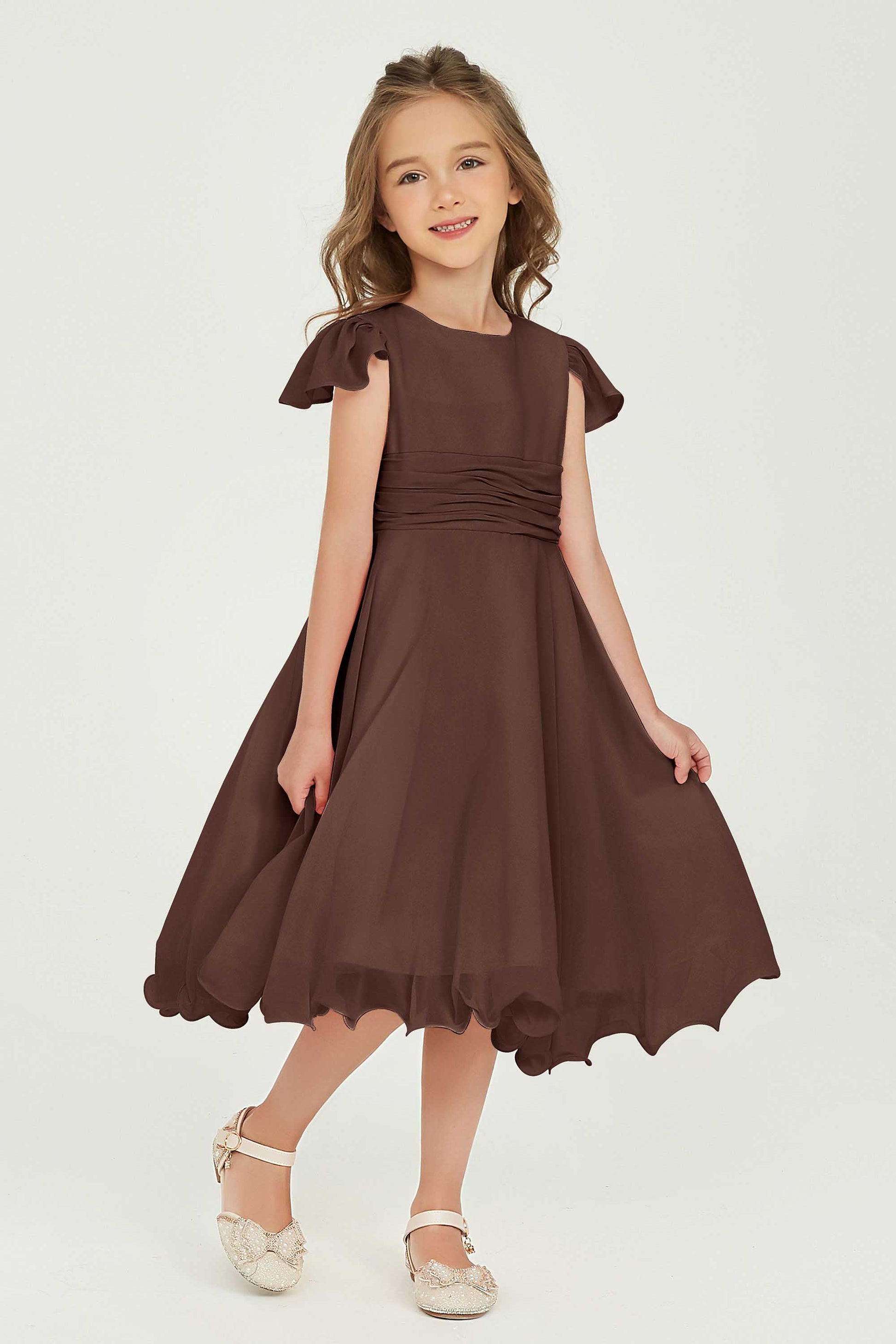 Duntery Midi Chiffon Junior Bridesmaid Dress Cap Sleeves For Your Girl, Cabernet Duntery Midi Chiffon Junior Bridesmaid Dress Cap Sleeves For Your Girl, Cabernet