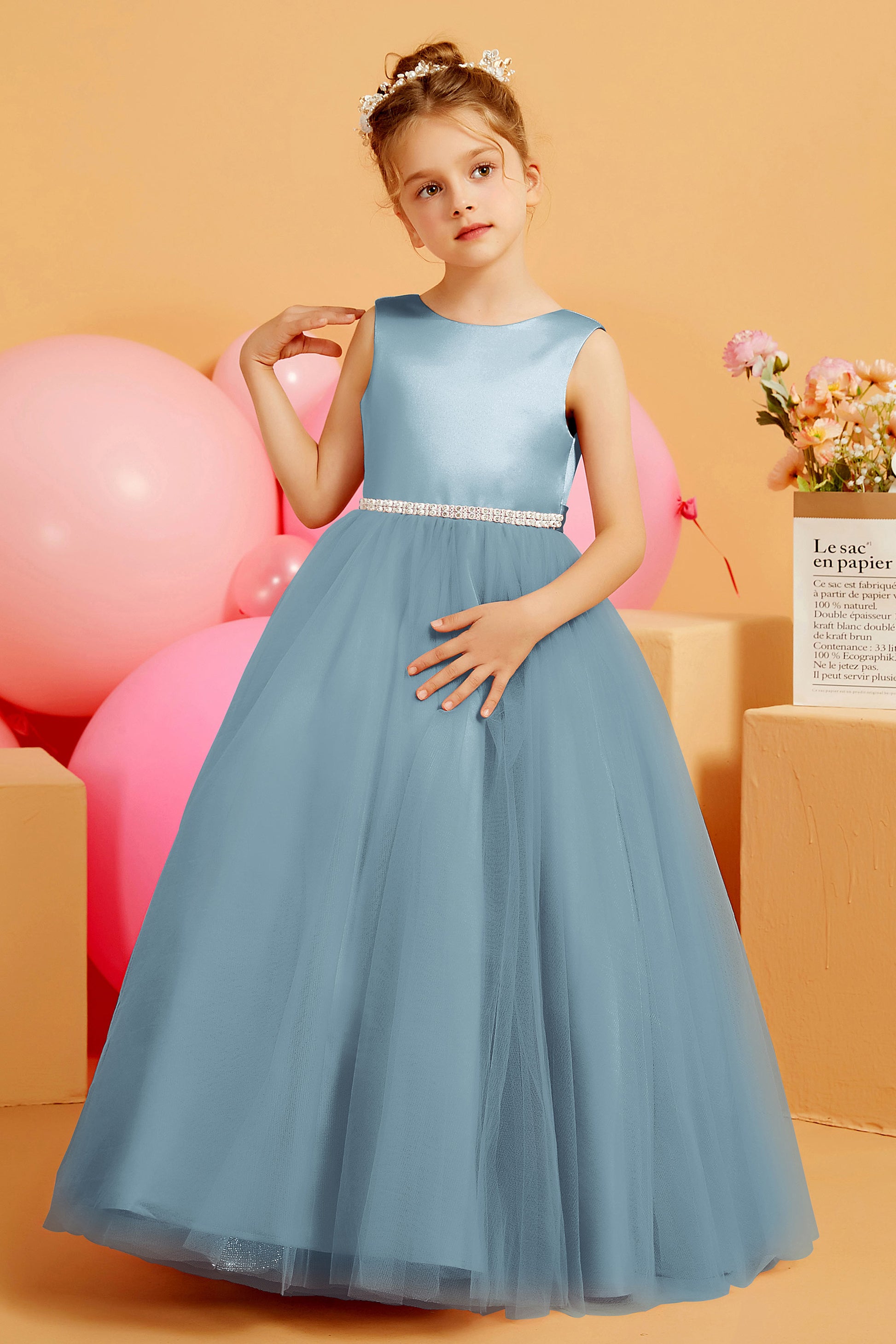 Duntery Satin Top Tulle Rhinestone Flower Girl Dress, Mist Duntery Satin Top Tulle Rhinestone Flower Girl Dress, Mist