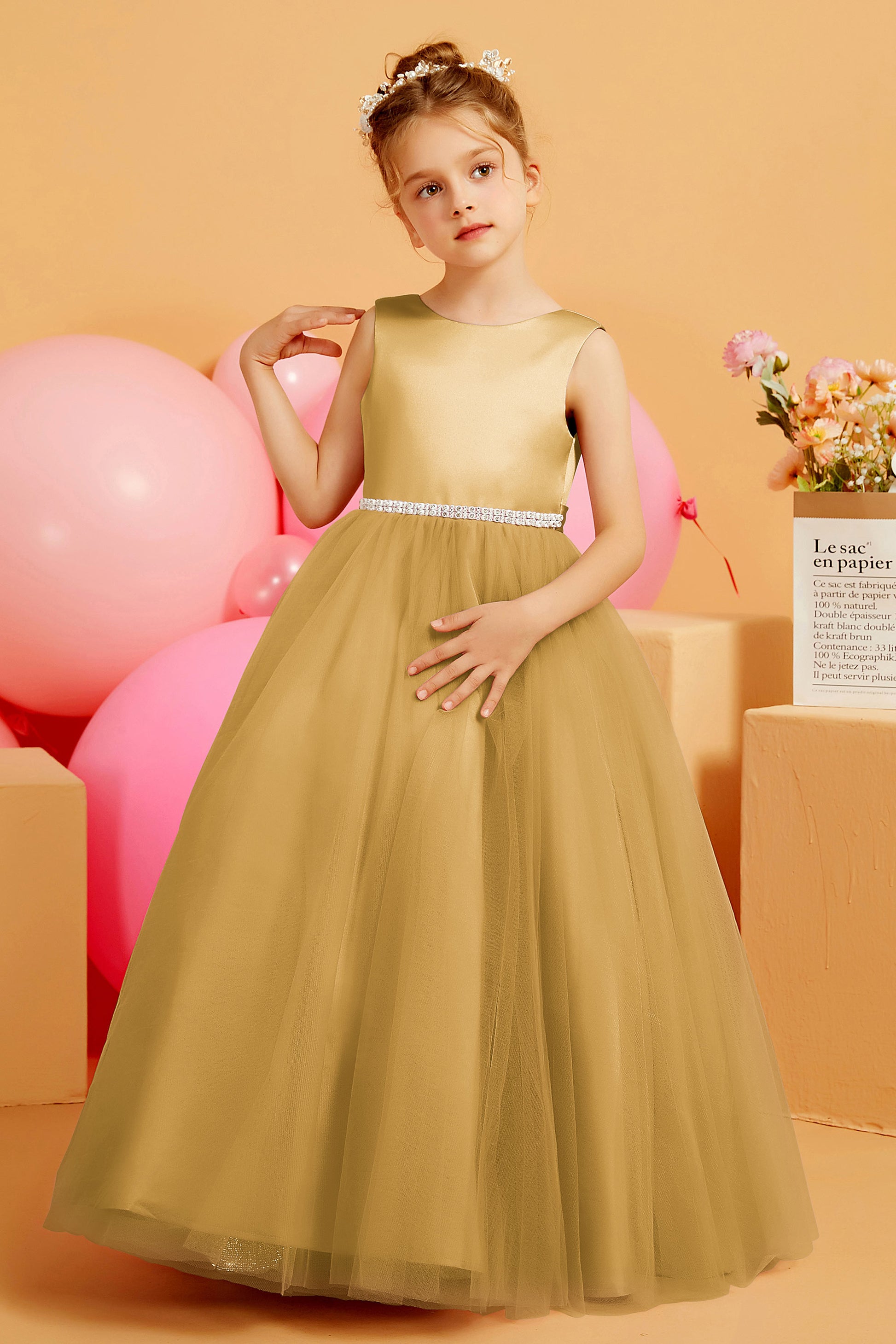 Satin Top Tulle Rhinestone Flower Girl Dress – DUNTERY
