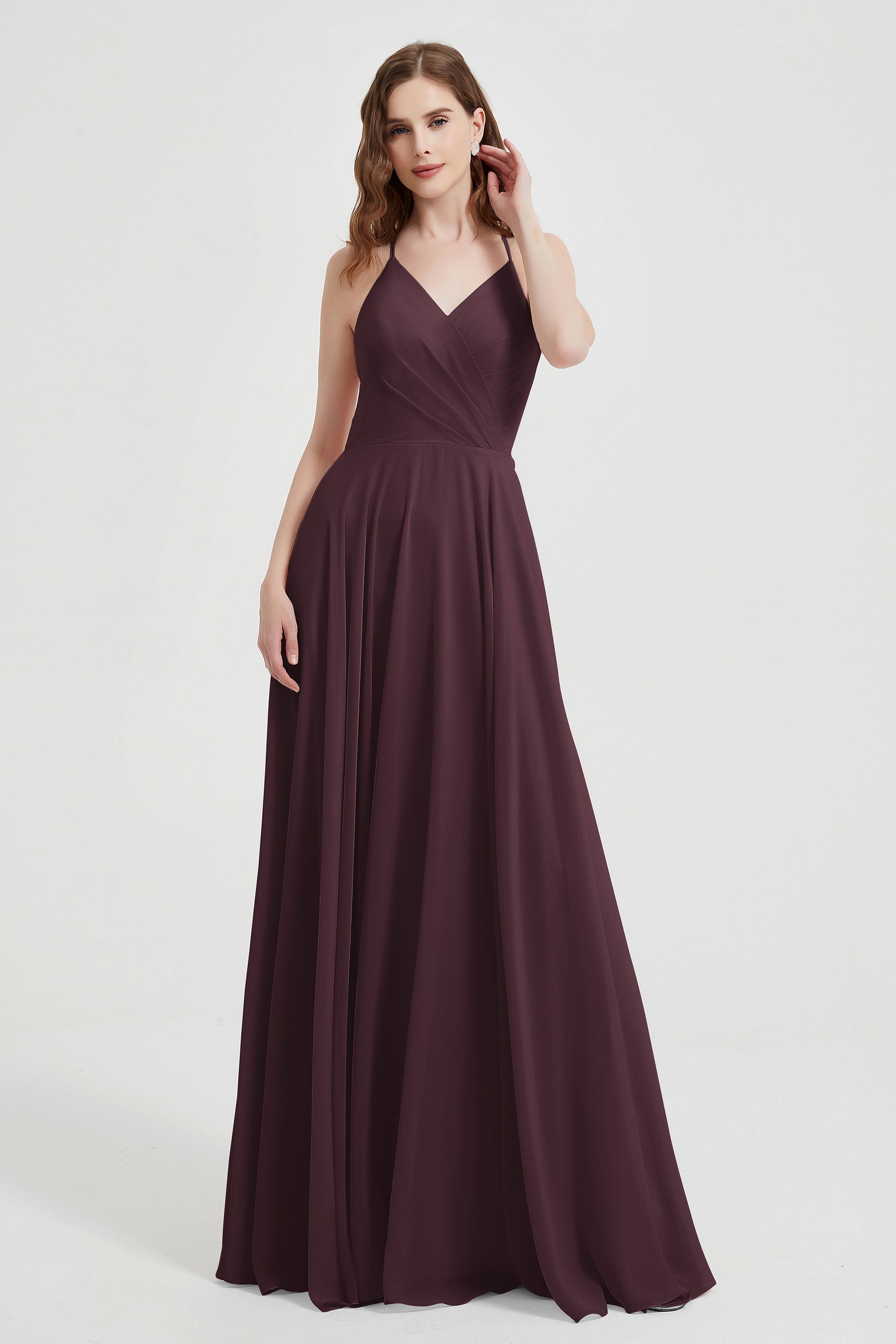 Duntery A-Line V-Neck Chiffon Long Bridesmaid Dress with Ruffle, Chocolate Duntery A-Line V-Neck Chiffon Long Bridesmaid Dress with Ruffle, Chocolate