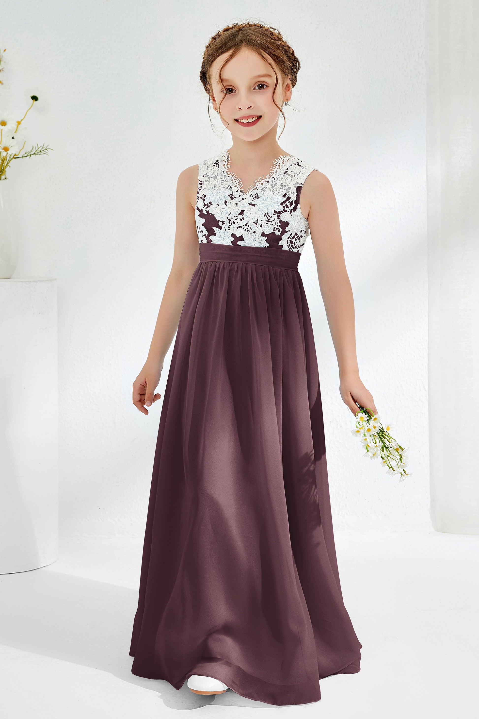 Lace Top Ruched Chiffon Junior Bridesmaid Dress DUNTERY Lace Top Ruched Chiffon Junior Bridesmaid Dress DUNTERY