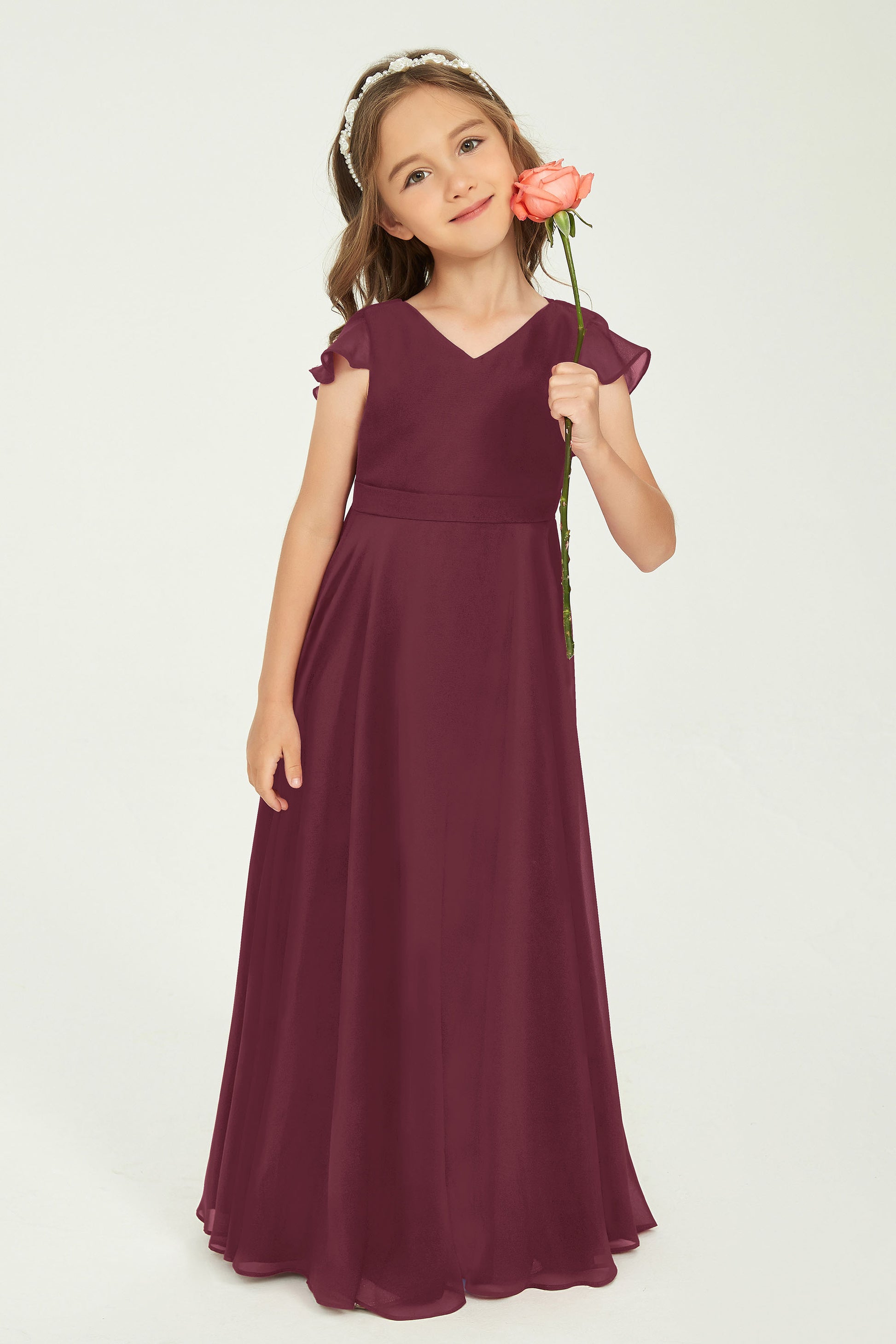Duntery A Line V-Neck Long Chiffon Junior Bridesmaid Dress Flutter Sleeves, Terracotta Duntery A Line V-Neck Long Chiffon Junior Bridesmaid Dress Flutter Sleeves, Terracotta