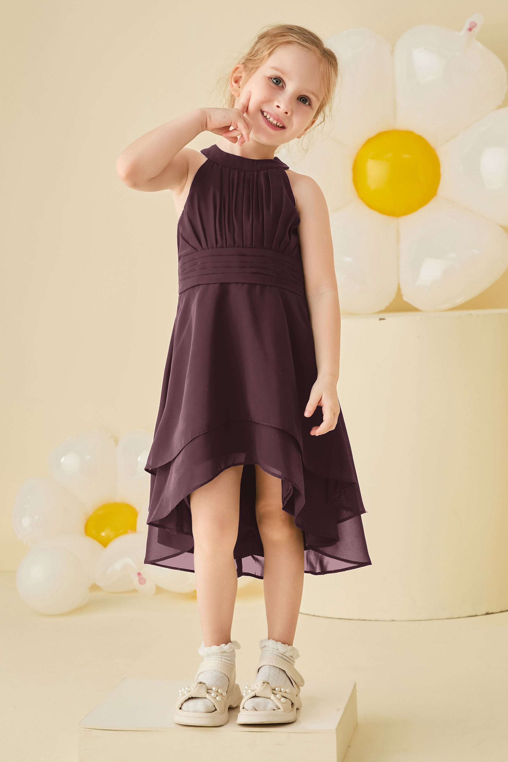 Duntery Halter Asymmetrical Chiffon Junior Bridesmaid Dress, Chocolate Duntery Halter Asymmetrical Chiffon Junior Bridesmaid Dress, Chocolate