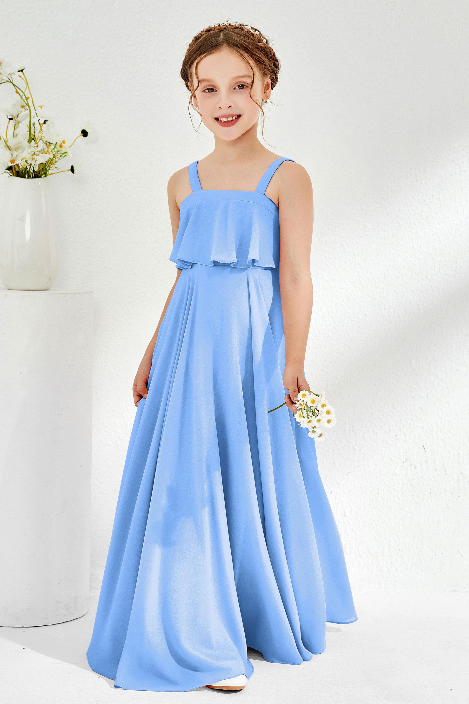 Square Neck Simple Junior Bridesmaid Dress With Ruffles – DUNTERY