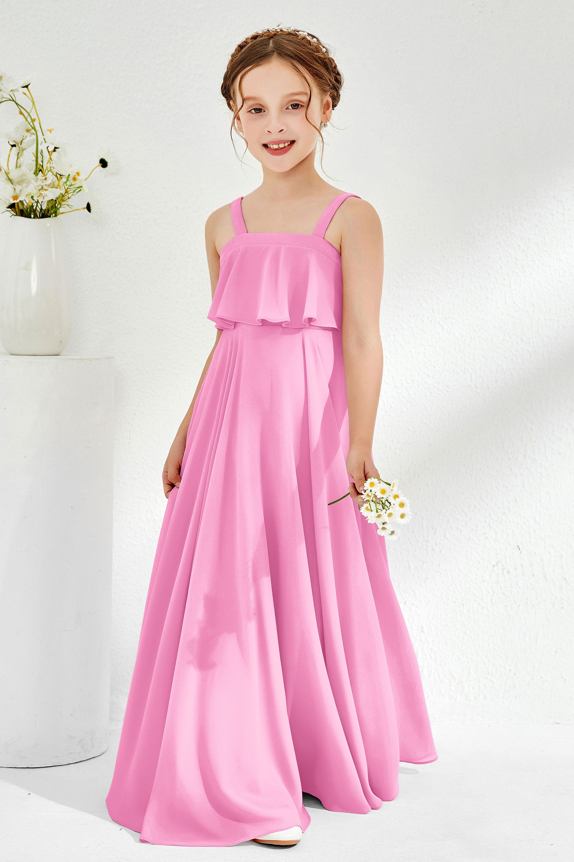 Square Neck Simple Junior Bridesmaid Dress With Ruffles – DUNTERY