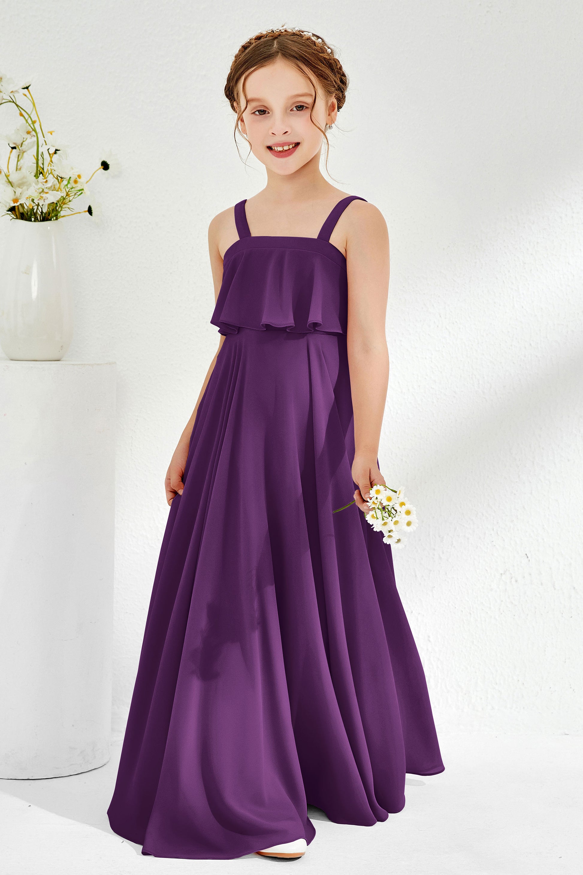Square Neck Simple Junior Bridesmaid Dress With Ruffles – DUNTERY