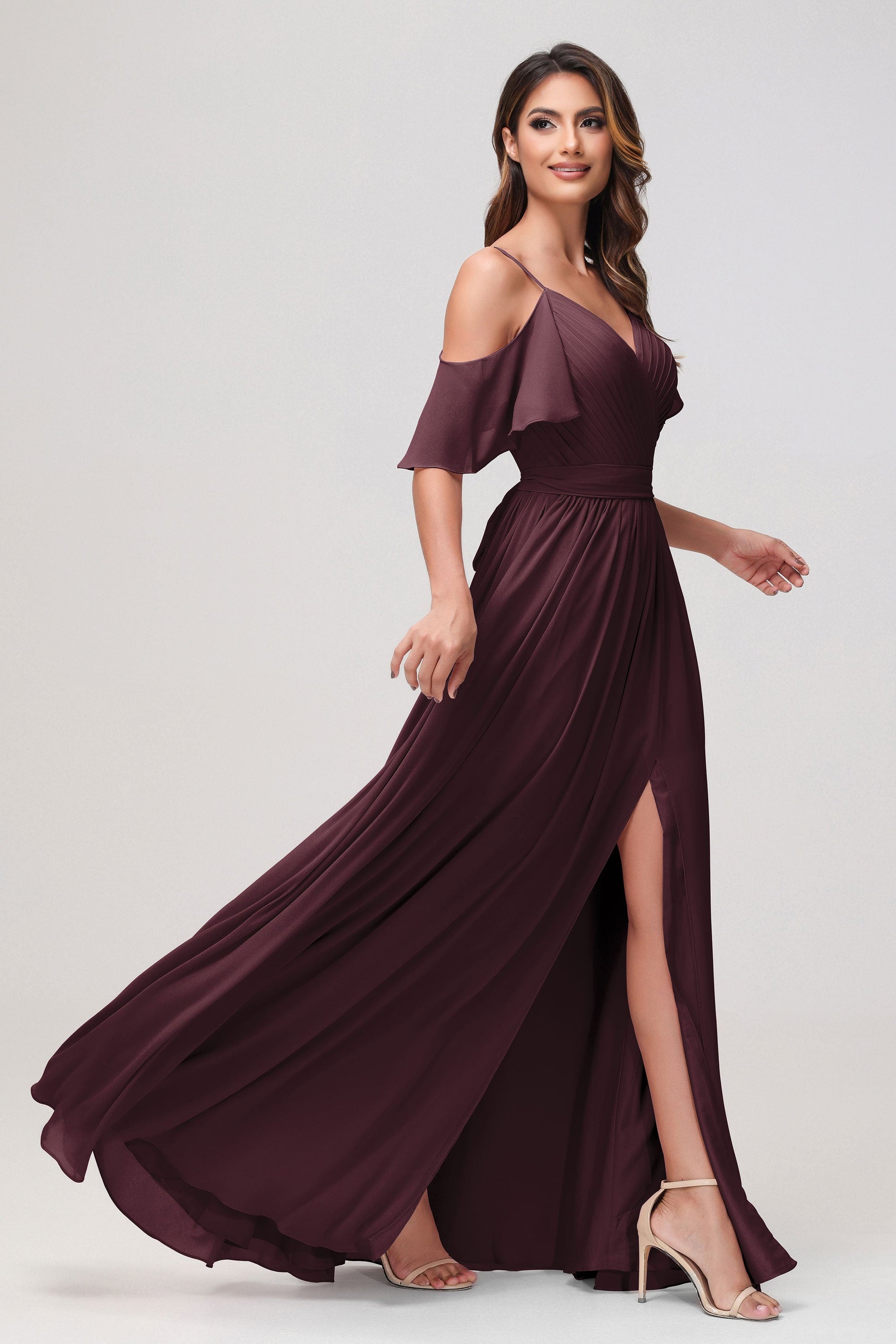 Flutter Sleeves Chiffon A-Line Pleated Slit Dress DUNTERY Flutter Sleeves Chiffon A-Line Pleated Slit Dress DUNTERY