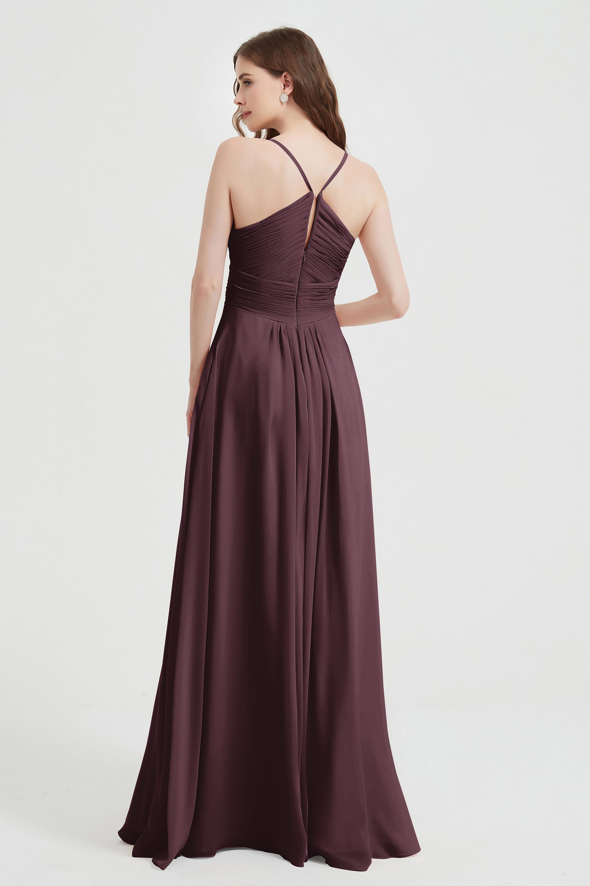 Duntery Chiffon V Neck Long Sleeveless Bridesmaid Dress With Pocket, Orange Duntery Chiffon V Neck Long Sleeveless Bridesmaid Dress With Pocket, Orange