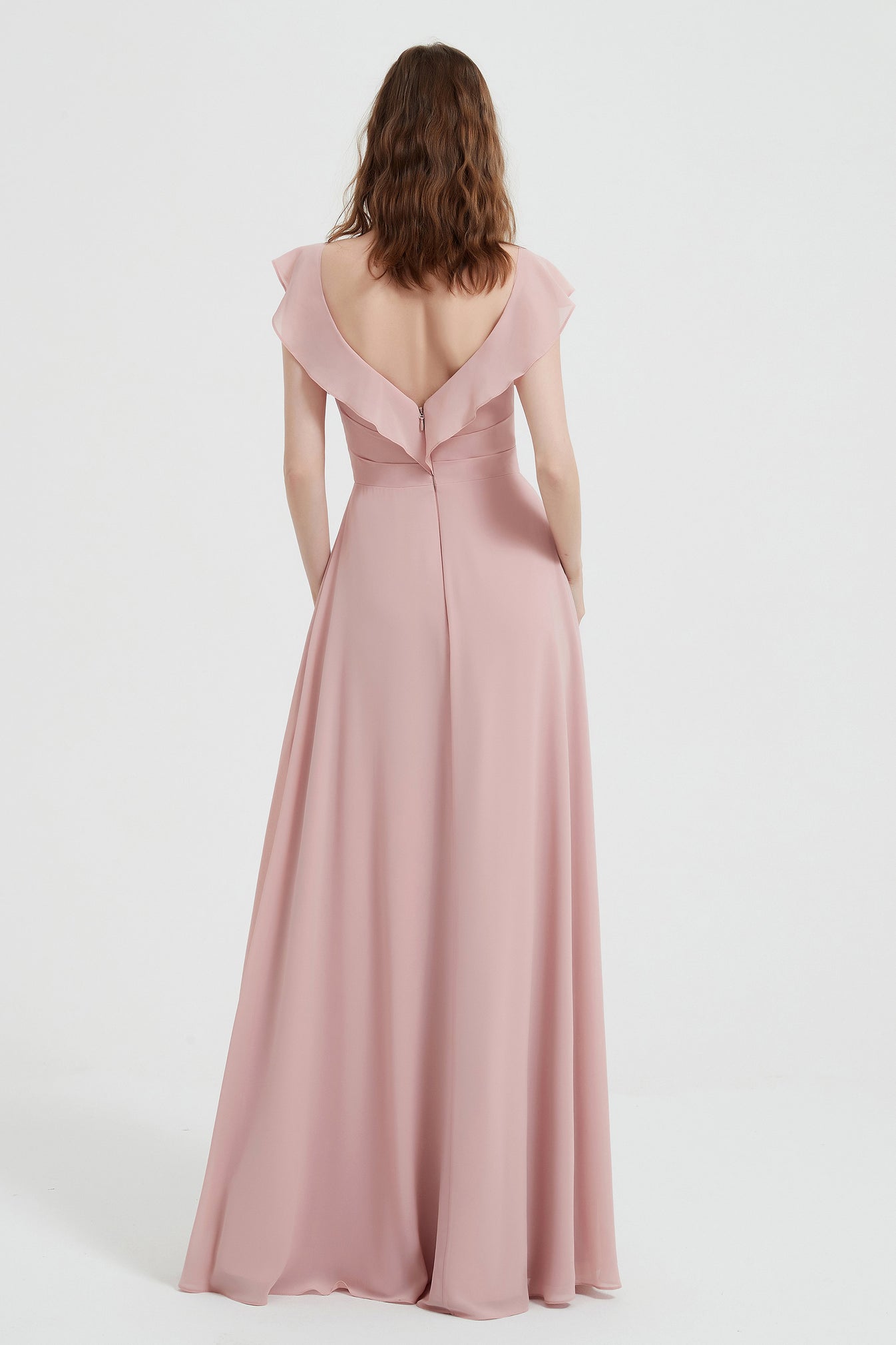 Flutter Sleeves Long Chiffon Dresses with Sash Bow Coral Plus Size