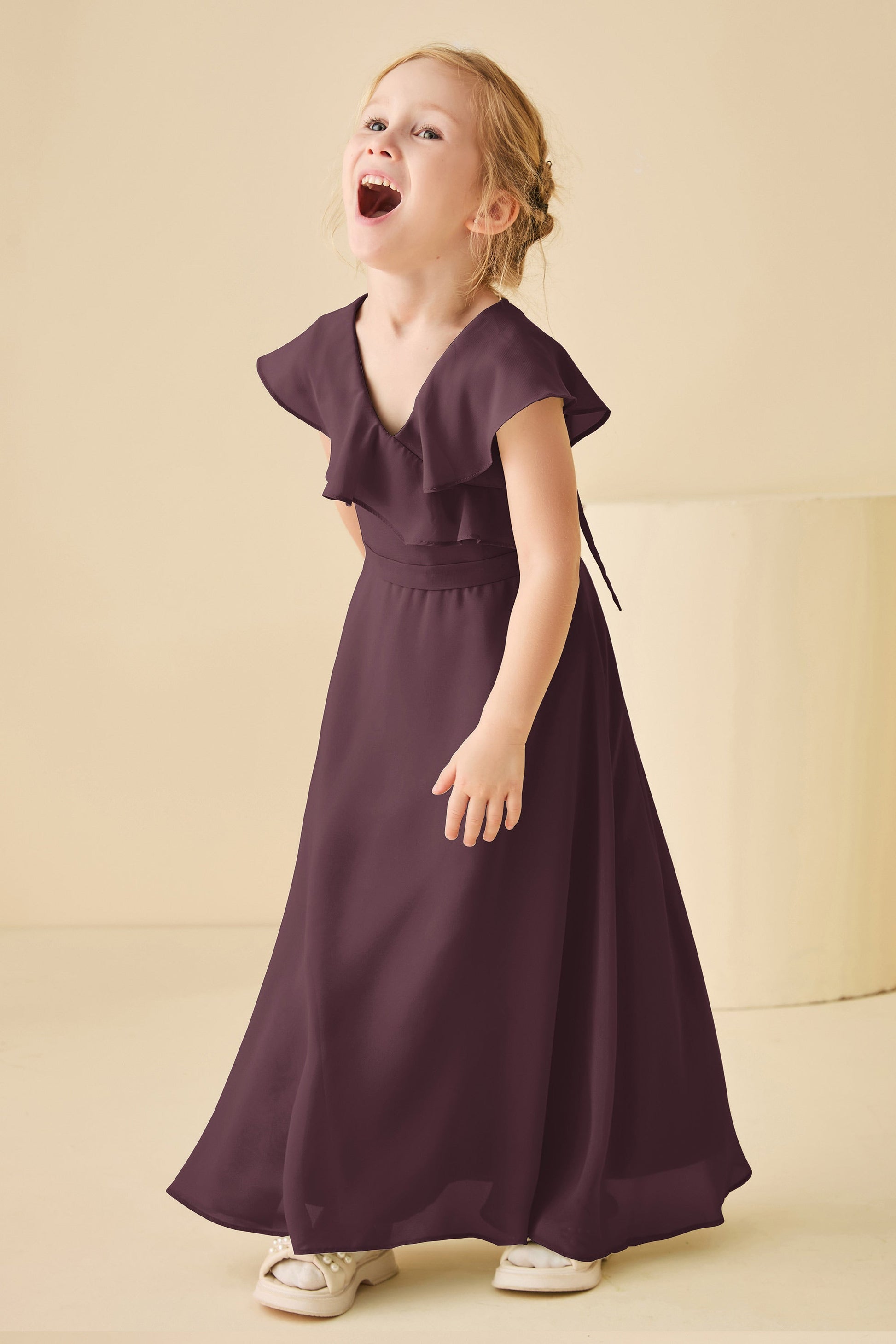 Duntery V-neck Flutter Sleeves Long Junior Bridesmaid Dress, Mulberry Duntery V-neck Flutter Sleeves Long Junior Bridesmaid Dress, Mulberry
