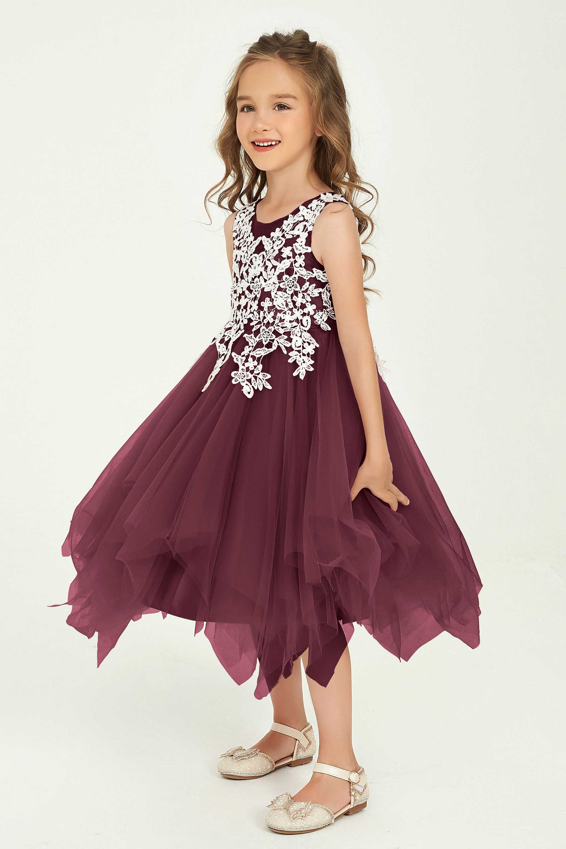 Duntery Short Sleeveless Junior Bridesmaid Dress in Tulle Lace A-Line, Burgundy Duntery Short Sleeveless Junior Bridesmaid Dress in Tulle Lace A-Line, Burgundy