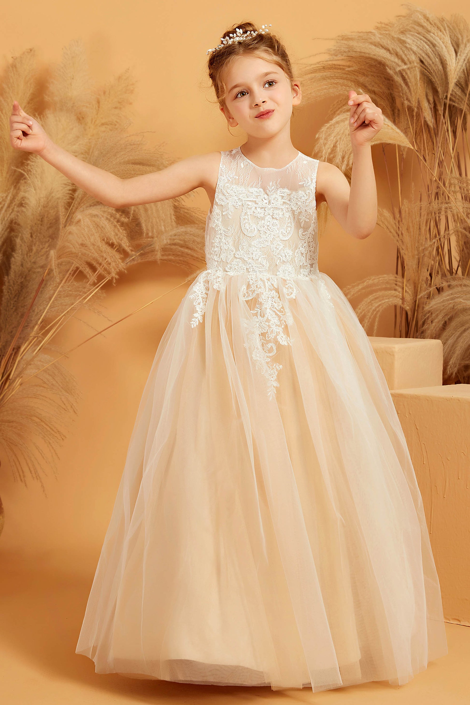 Duntery Sleeveless Lace Applique Tulle Flower Girl Dress, Ivory Duntery Sleeveless Lace Applique Tulle Flower Girl Dress, Ivory