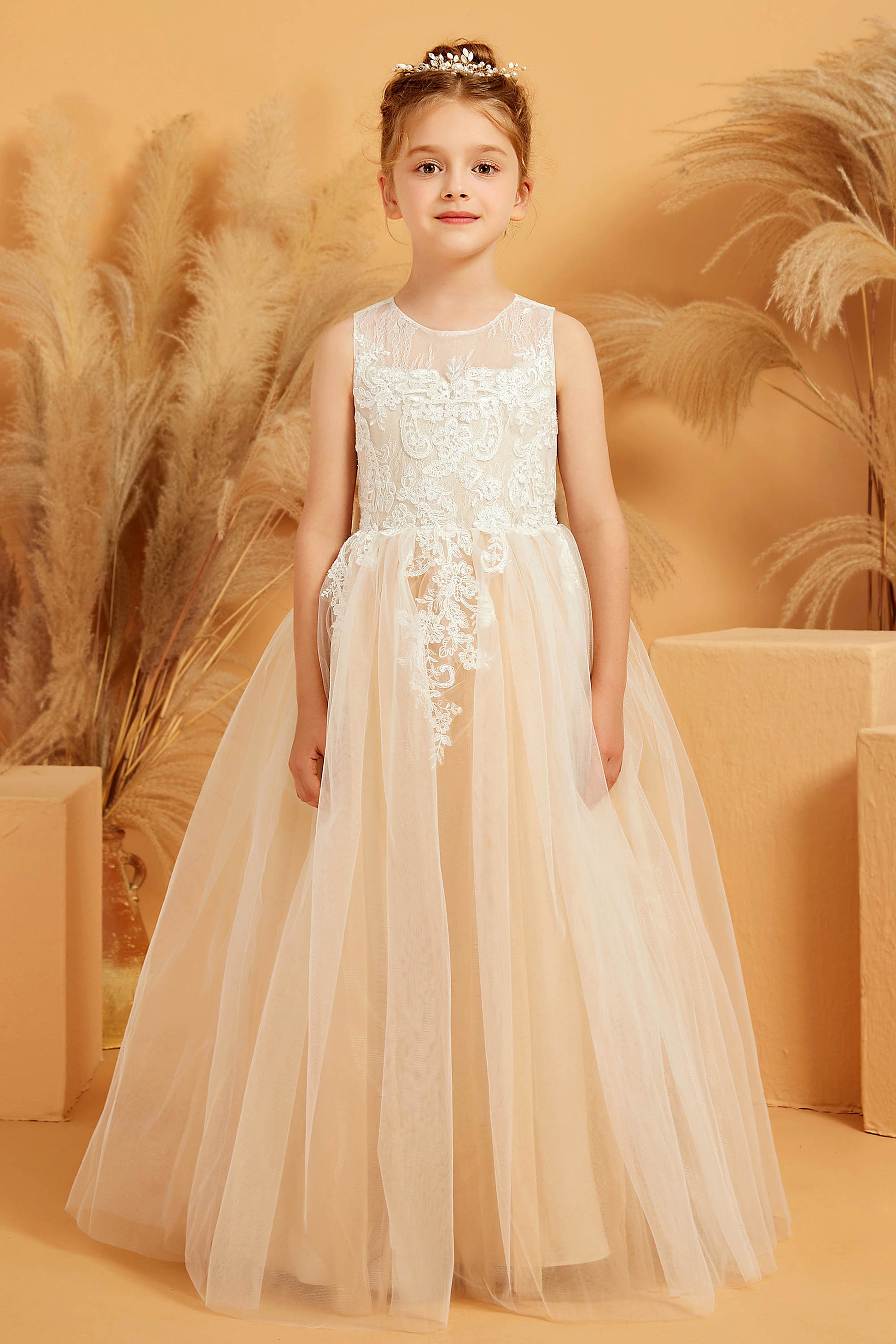 Sleeveless Lace Applique Tulle Flower Girl Dress – DUNTERY