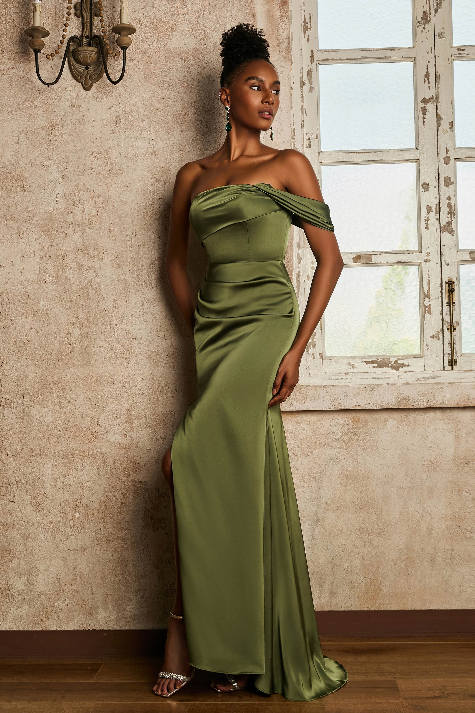 Duntery Mermaid One Shoulder Sleeveless Ruched Dress, Dark-Green Duntery Mermaid One Shoulder Sleeveless Ruched Dress, Dark-Green