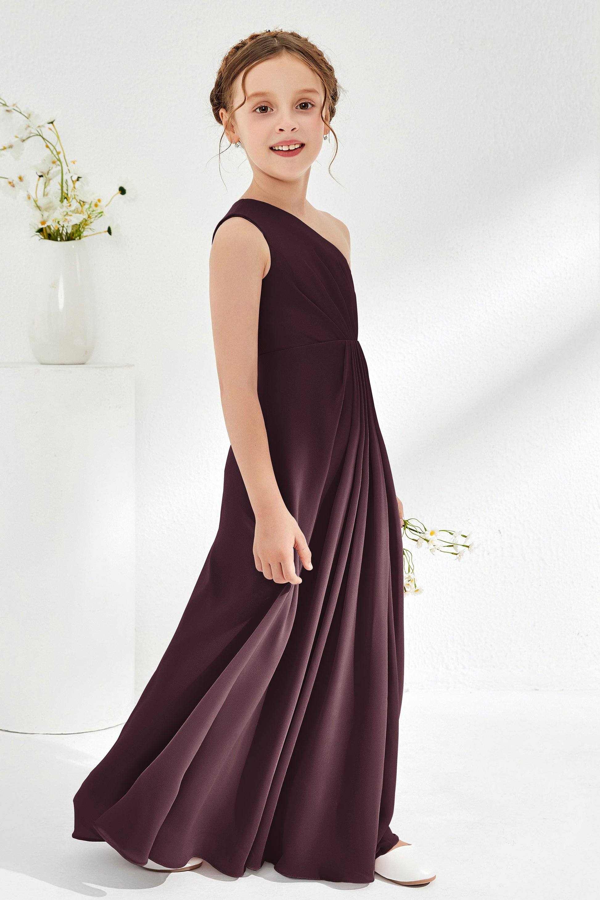 Duntery One Shoulder Sleeveless Classic Junior Bridesmaid Dress, Chocolate Duntery One Shoulder Sleeveless Classic Junior Bridesmaid Dress, Chocolate