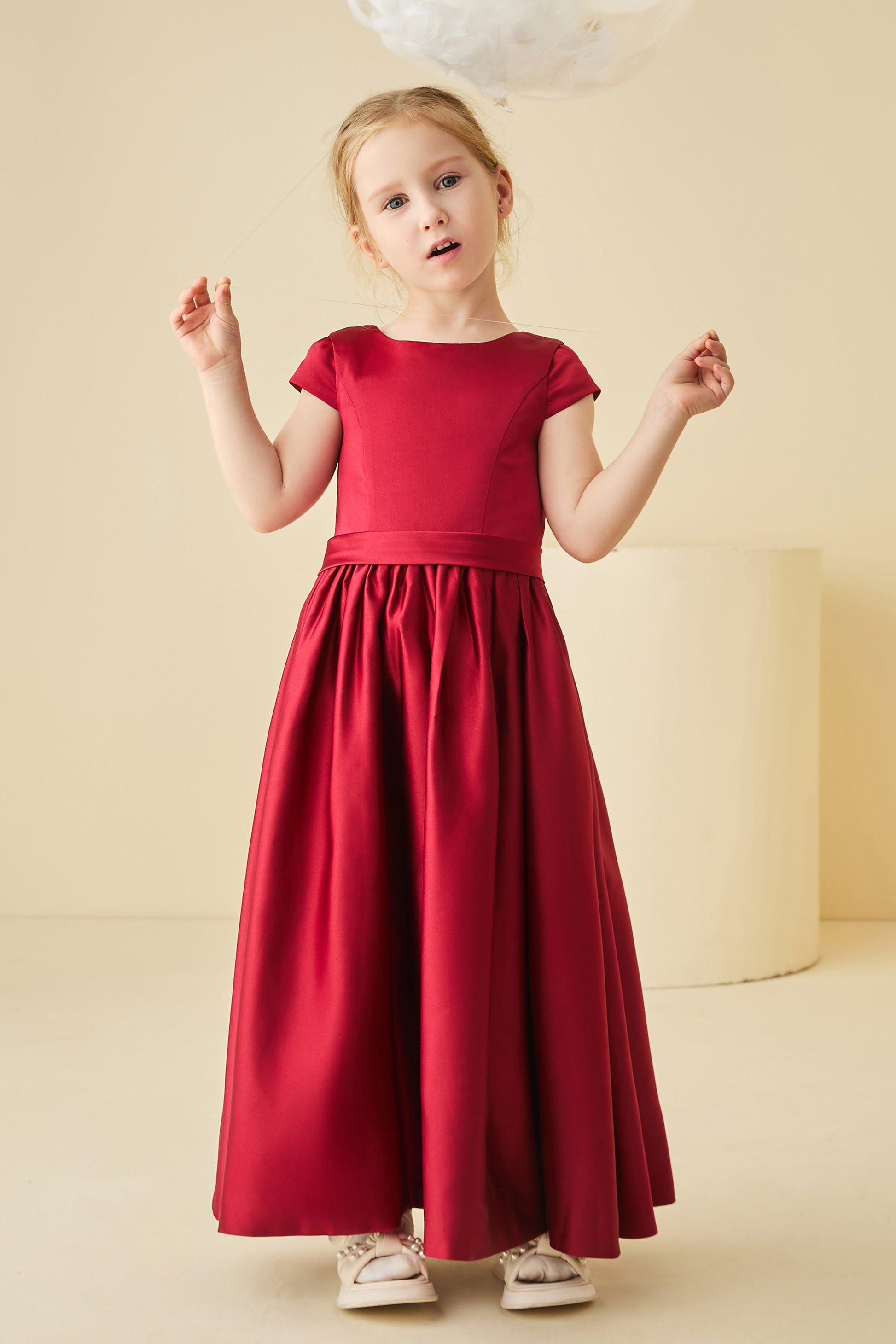 Duntery Jewel Cap Sleeves Satin Junior Bridesmaid Dress, Burgundy Duntery Jewel Cap Sleeves Satin Junior Bridesmaid Dress, Burgundy