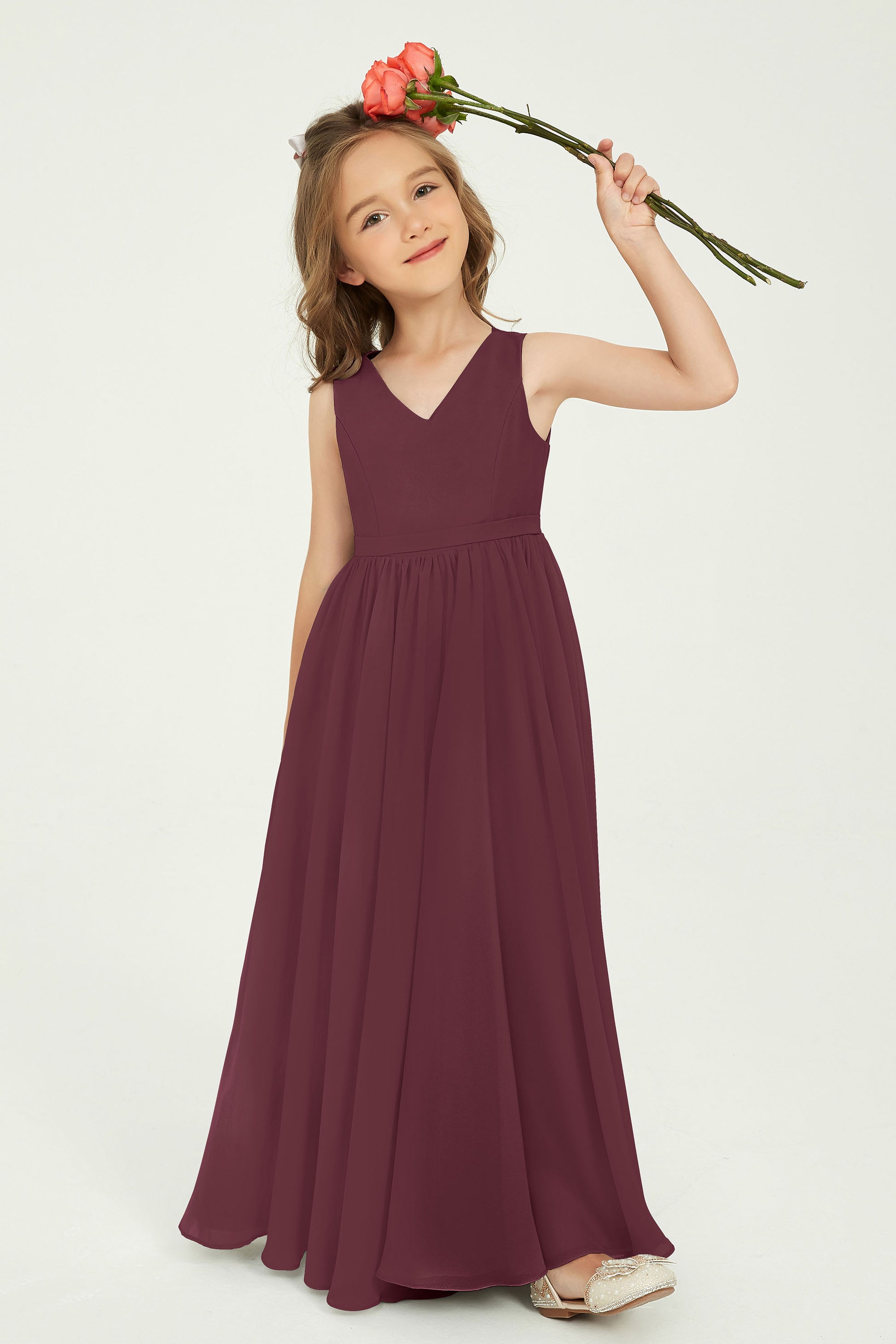 Duntery Simple A Line V Neck Floor Length Chiffon Junior Bridesmaid Dress, Chocolate Duntery Simple A Line V Neck Floor Length Chiffon Junior Bridesmaid Dress, Chocolate