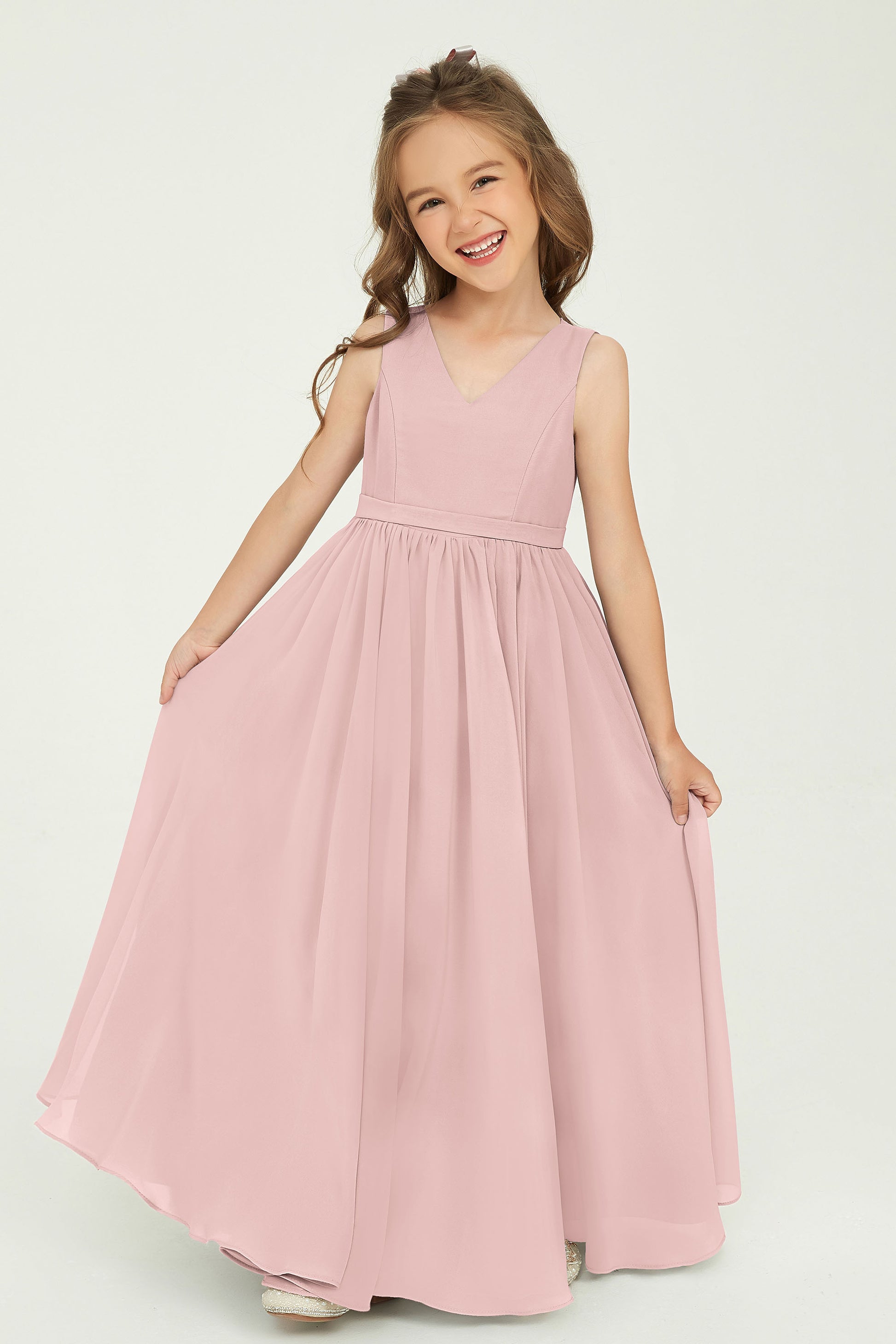 Duntery Simple A Line V Neck Floor Length Chiffon Junior Bridesmaid Dress, Dusty-Rose Duntery Simple A Line V Neck Floor Length Chiffon Junior Bridesmaid Dress, Dusty-Rose