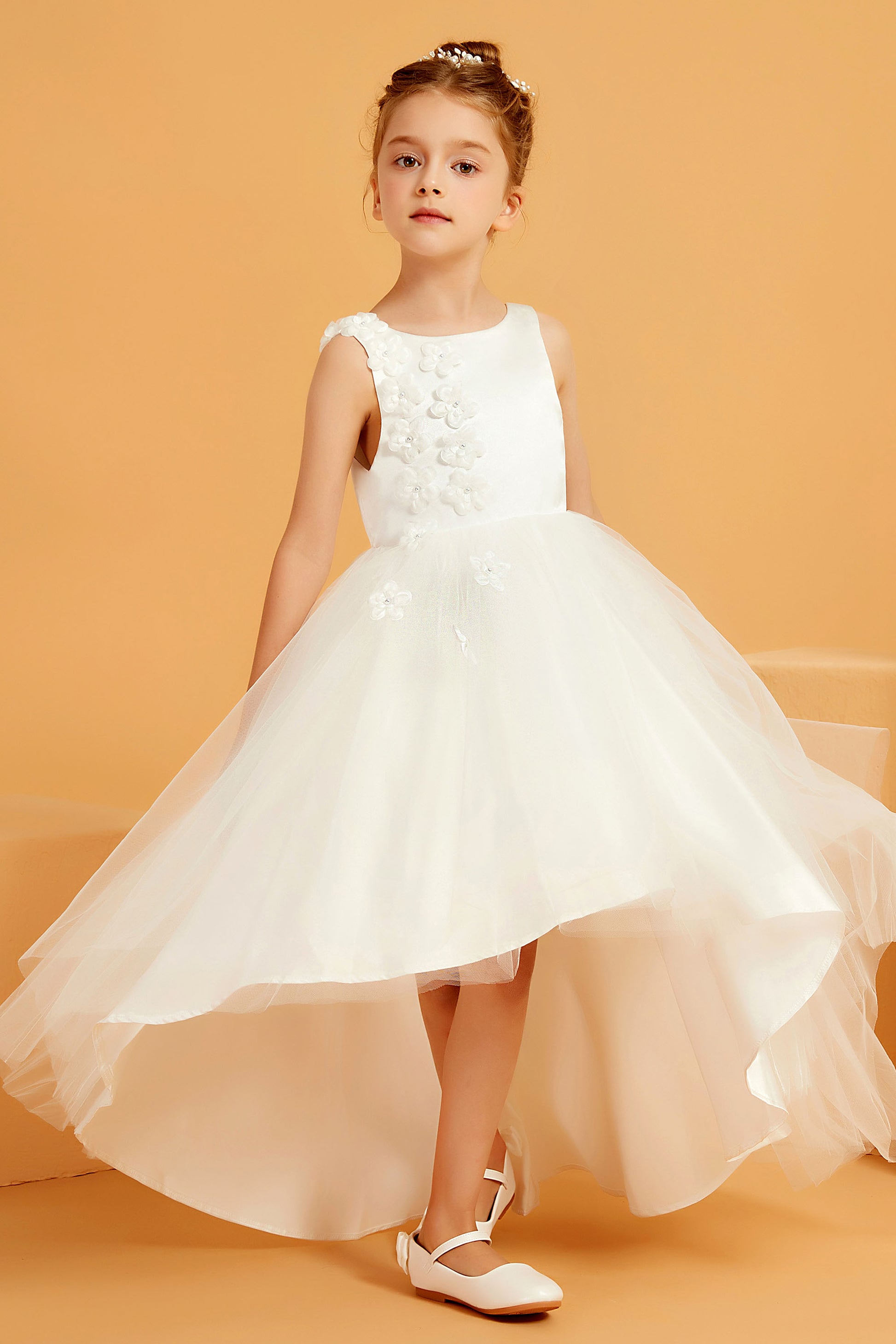 Duntery Asymmetrical Scoop Neck Satin Tulle Flower Girl Dress, Champagne Duntery Asymmetrical Scoop Neck Satin Tulle Flower Girl Dress, Champagne
