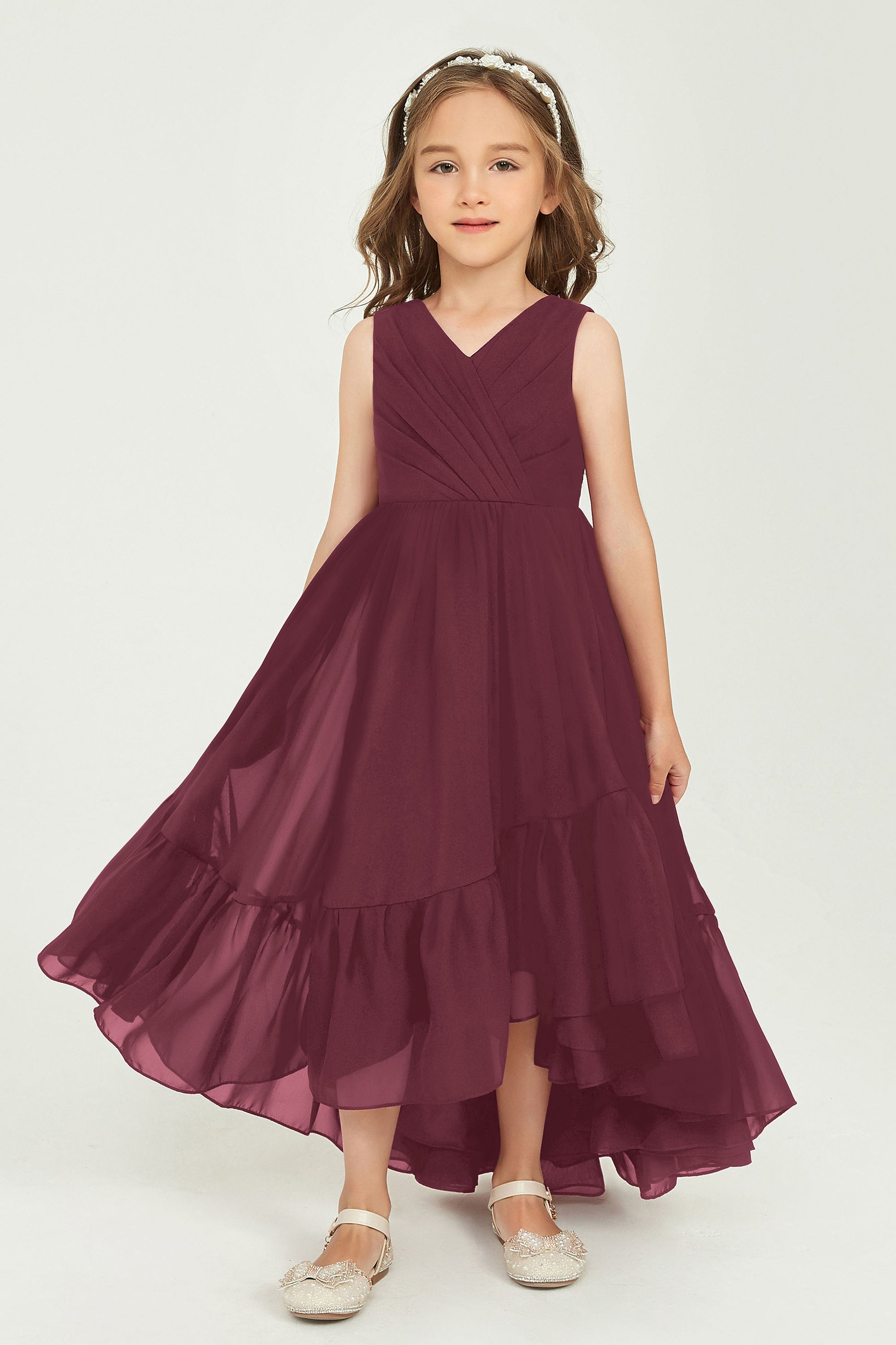 Duntery V-Neck Asymmetrical Chiffon Sleeveless Junior Bridesmaid Dress, Plum Duntery V-Neck Asymmetrical Chiffon Sleeveless Junior Bridesmaid Dress, Plum