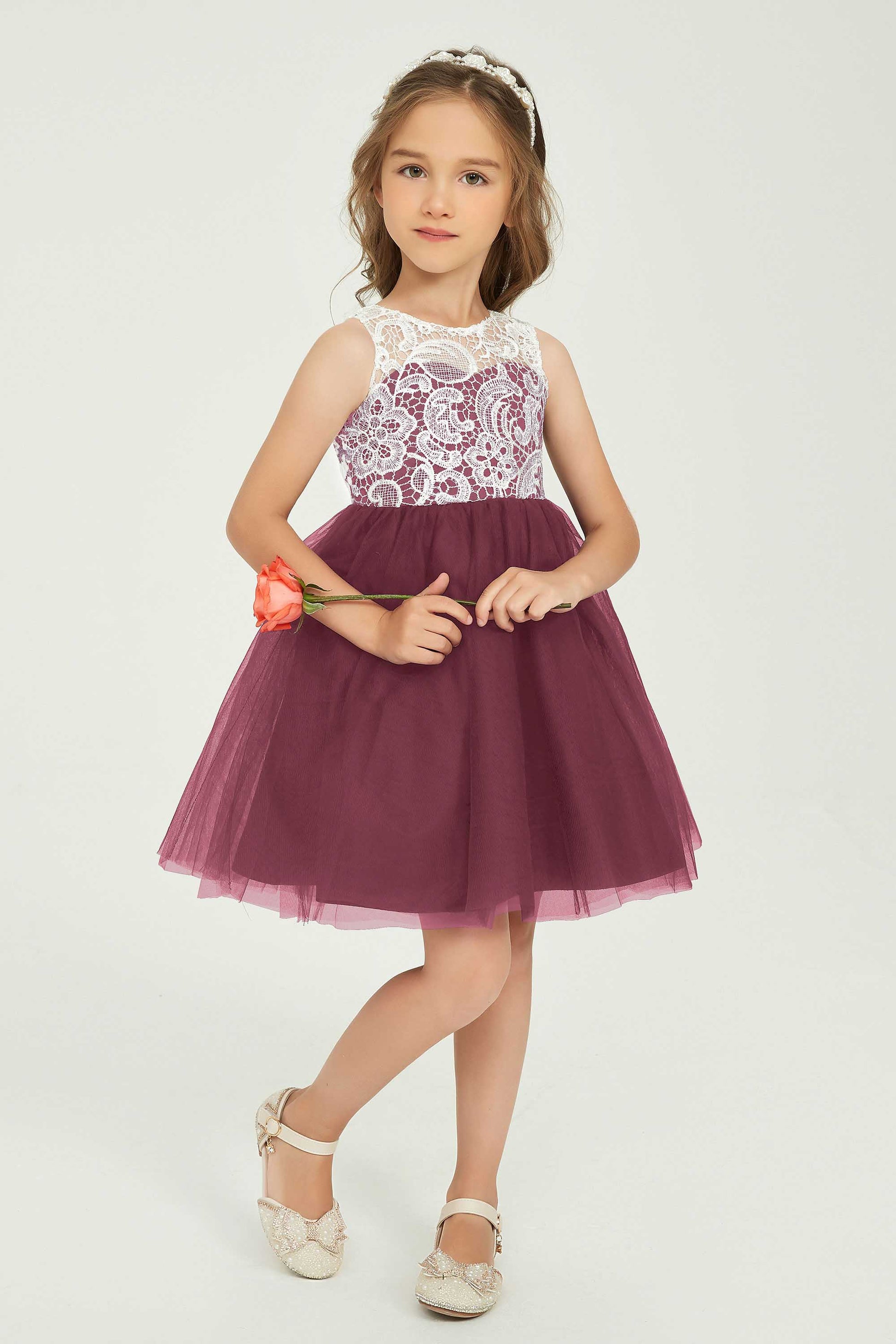 Duntery Pretty Short Sleeveless Junior Bridesmaid Dress in Tulle Lace, Cabernet Duntery Pretty Short Sleeveless Junior Bridesmaid Dress in Tulle Lace, Cabernet