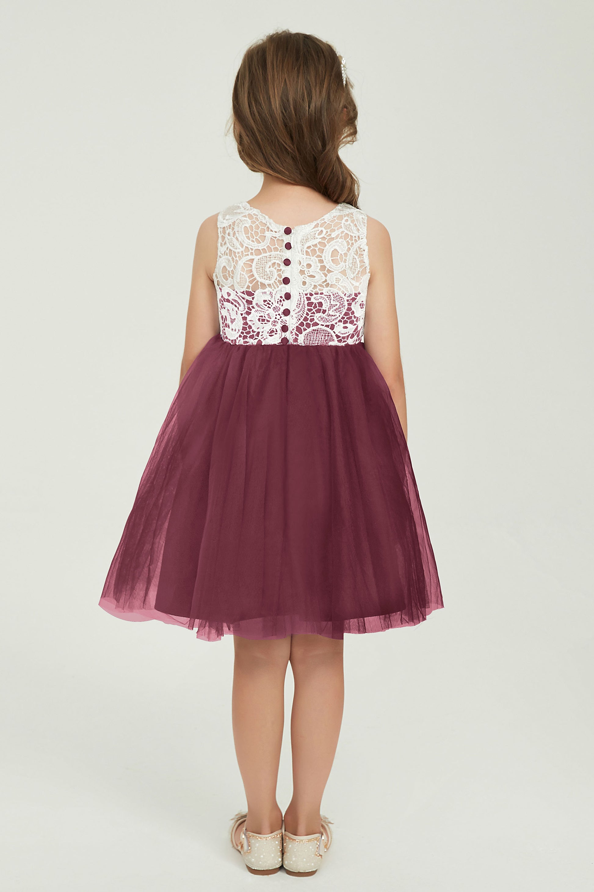 Duntery Pretty Short Sleeveless Junior Bridesmaid Dress in Tulle Lace, Chocolate Duntery Pretty Short Sleeveless Junior Bridesmaid Dress in Tulle Lace, Chocolate