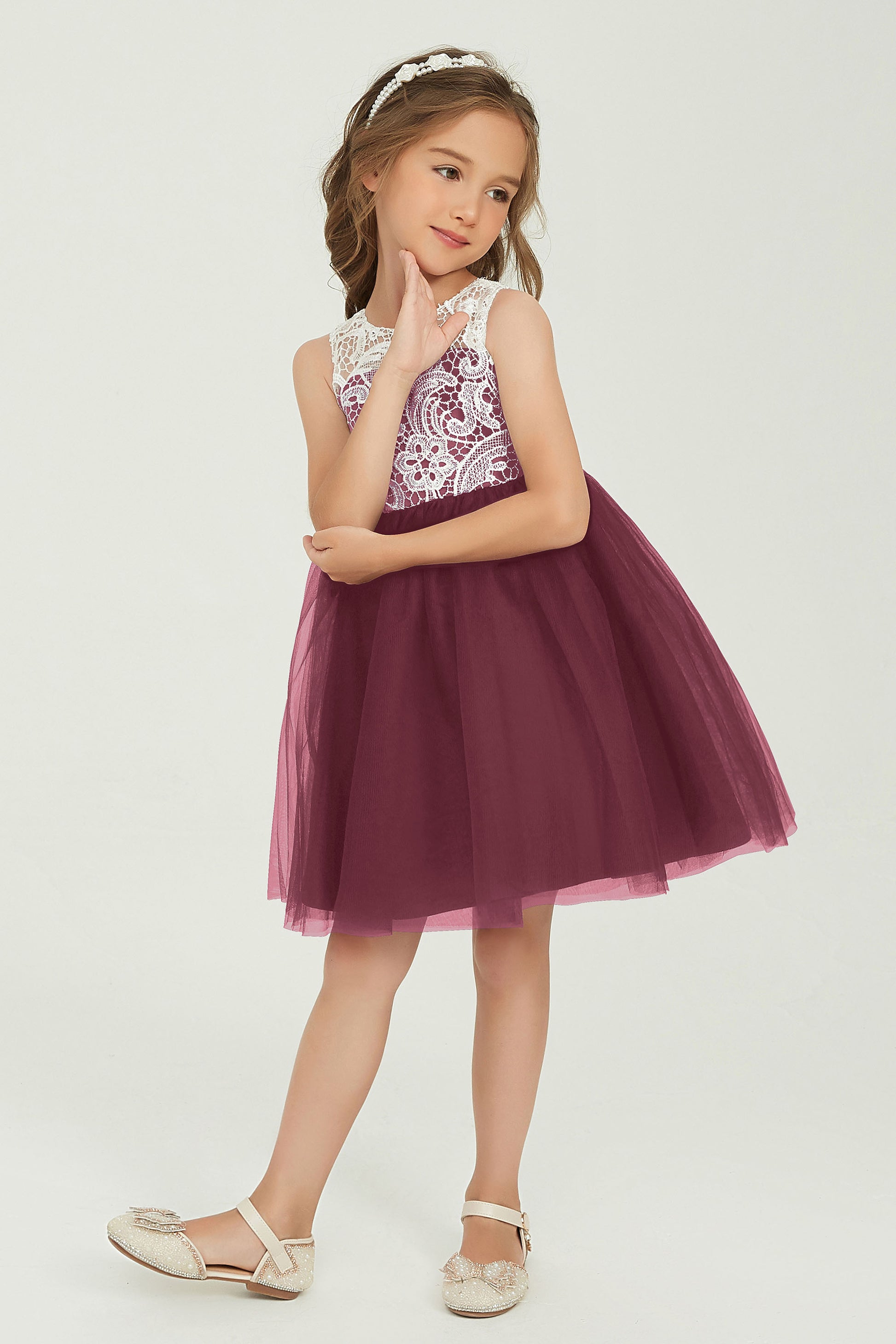 Duntery Pretty Short Sleeveless Junior Bridesmaid Dress in Tulle Lace, Chocolate Duntery Pretty Short Sleeveless Junior Bridesmaid Dress in Tulle Lace, Chocolate