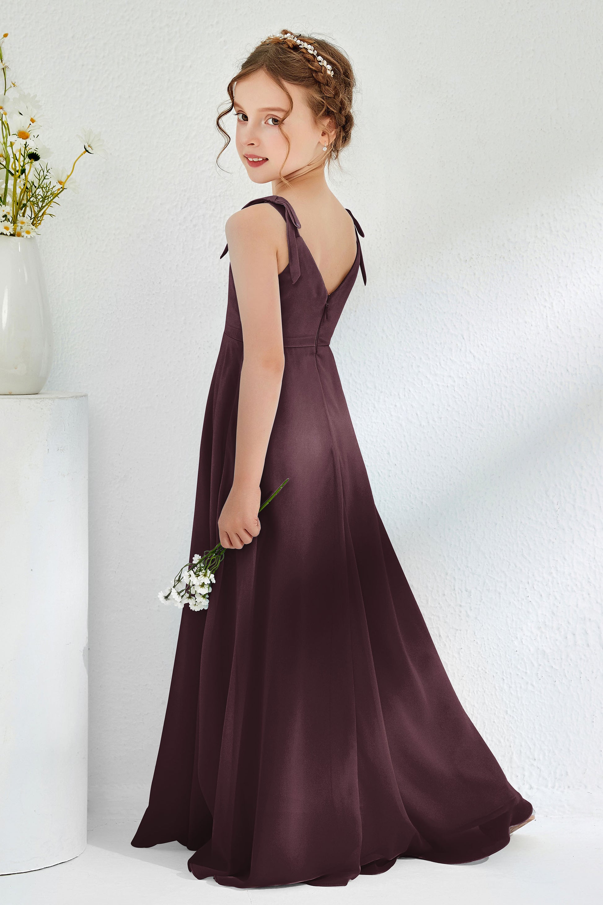 Duntery V-neck Chiffon Junior Bridesmaid Dress With Bow Straps, Plum Duntery V-neck Chiffon Junior Bridesmaid Dress With Bow Straps, Plum