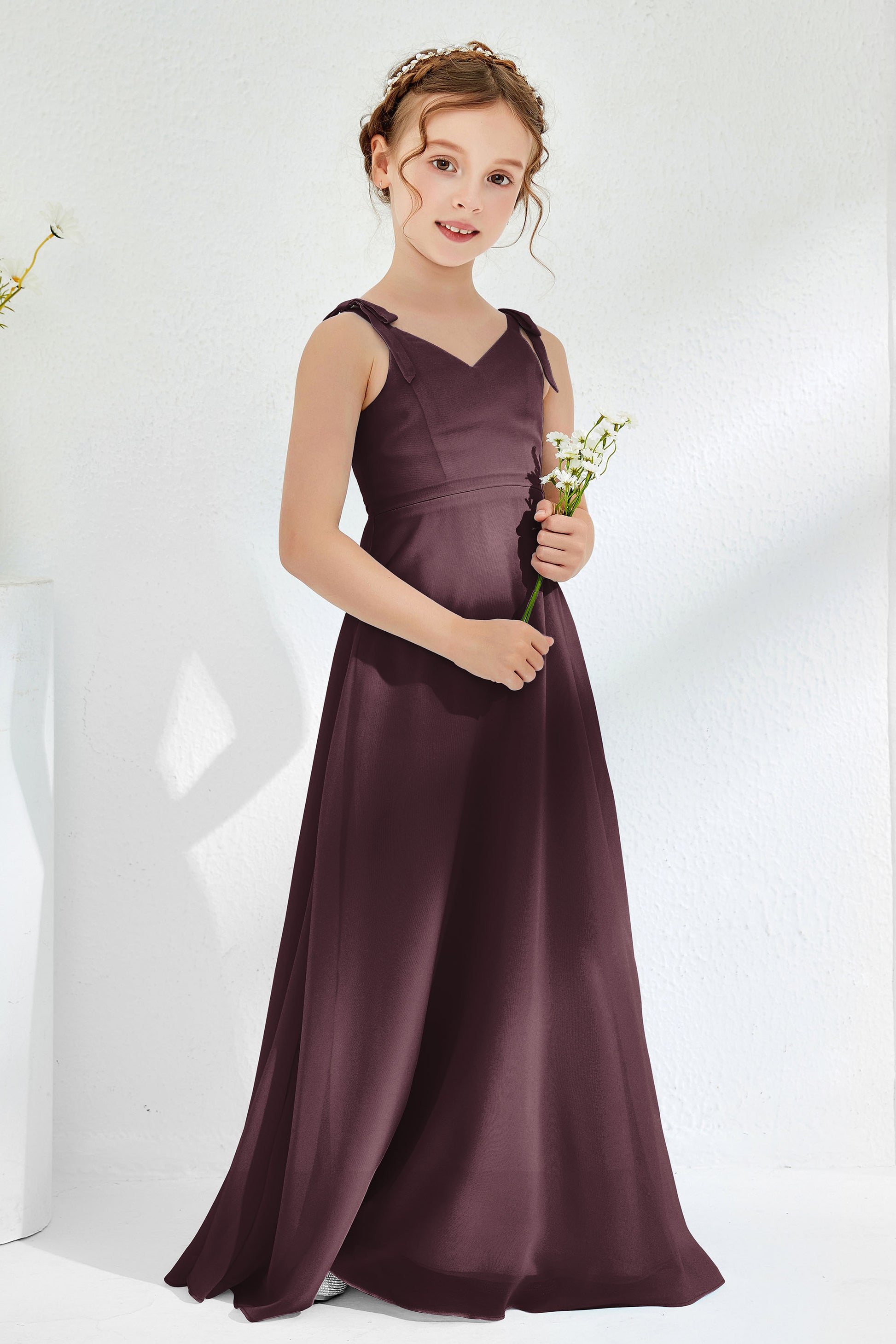 Bow Straps V-neck Chiffon Long Junior Bridesmaid Dress DUNTERY Bow Straps V-neck Chiffon Long Junior Bridesmaid Dress DUNTERY
