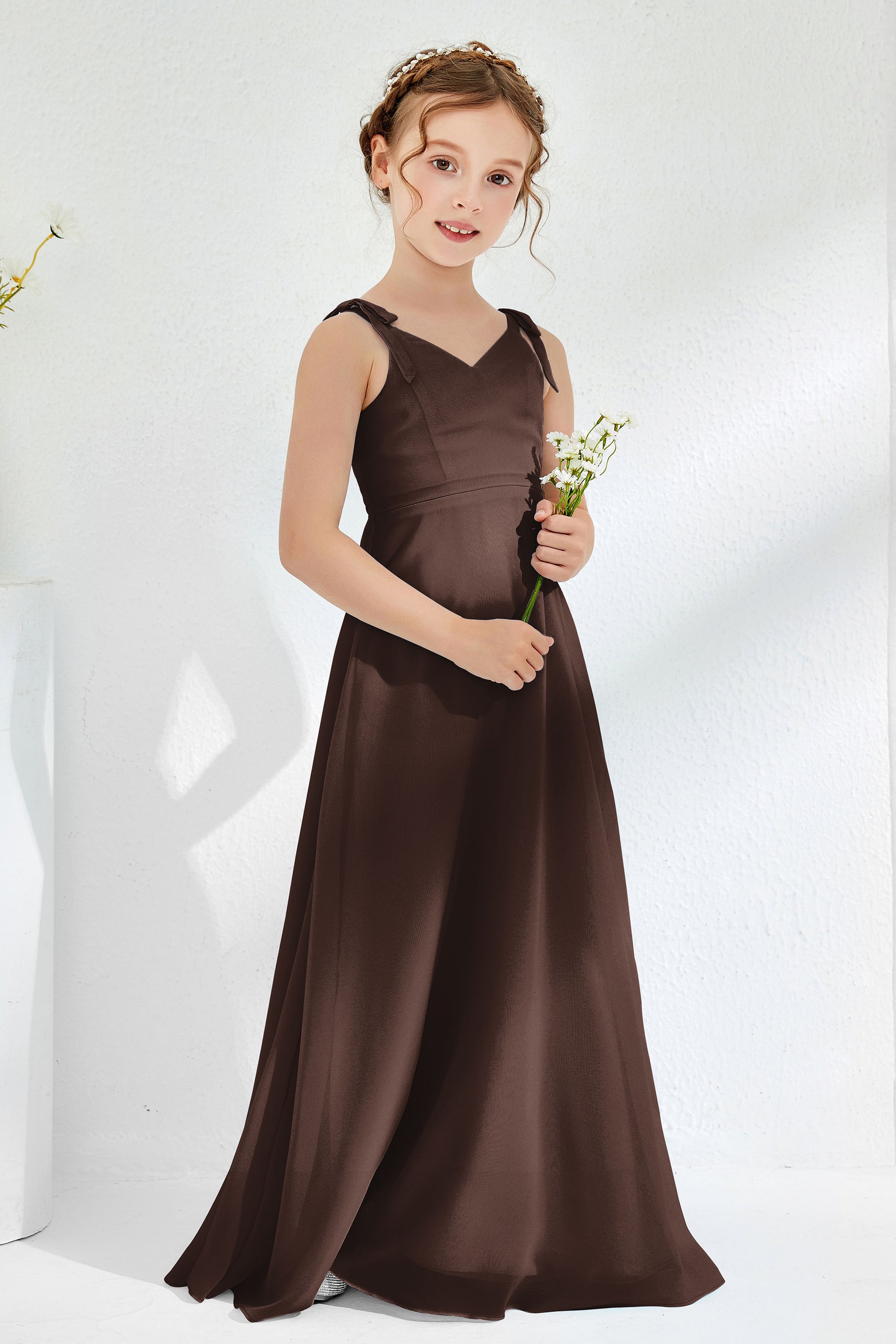 Bow Straps V-neck Chiffon Long Junior Bridesmaid Dress – DUNTERY