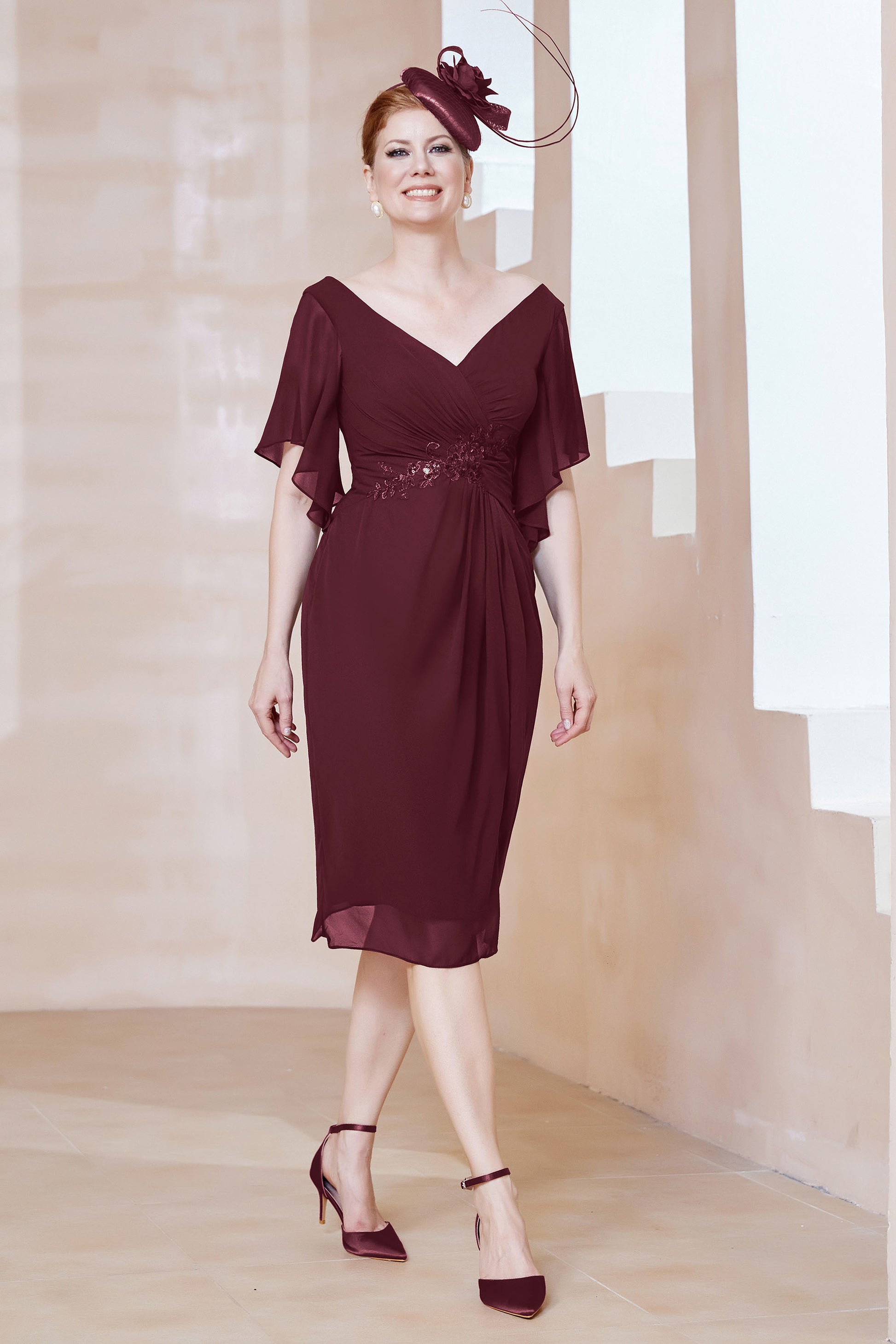 Flutter Sleeves V-neck Pleated Chiffon Dress DUNTERY Flutter Sleeves V-neck Pleated Chiffon Dress DUNTERY