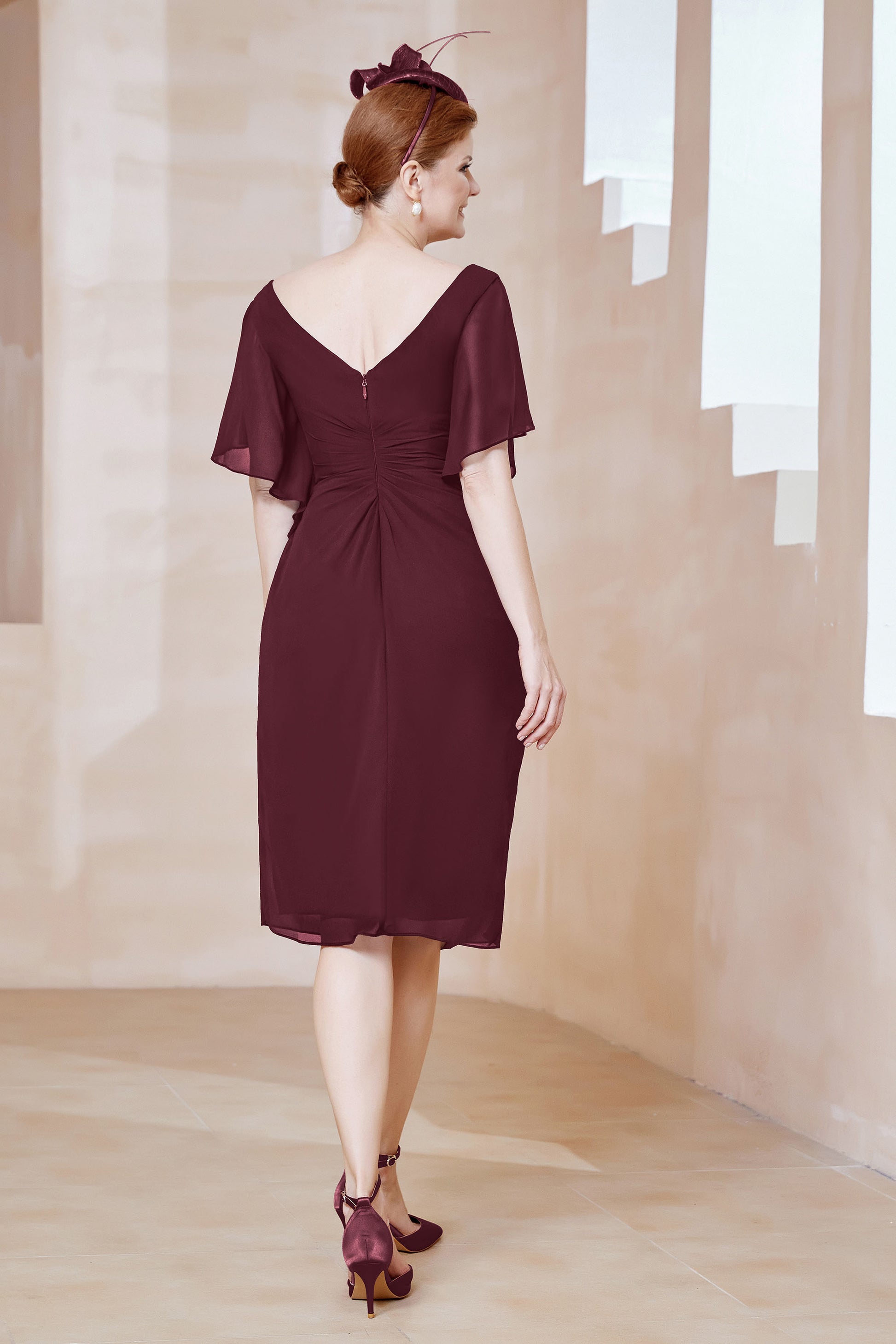 Duntery Flutter Sleeves V-neck Pleated Chiffon Dress, Ocean-Blue Duntery Flutter Sleeves V-neck Pleated Chiffon Dress, Ocean-Blue