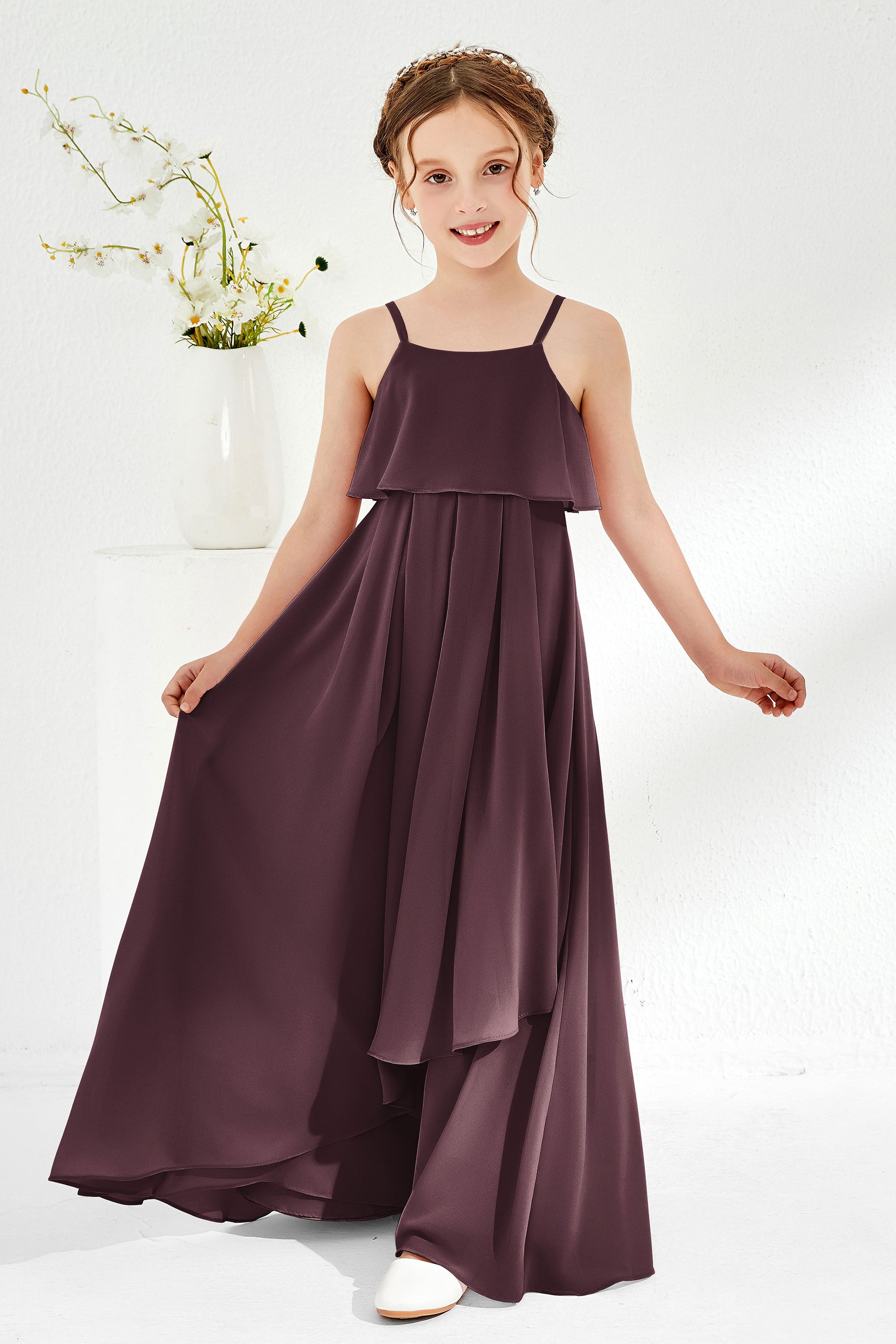 Duntery Spaghetti Straps Junior Bridesmaid Dress With Ruffles, Black Duntery Spaghetti Straps Junior Bridesmaid Dress With Ruffles, Black