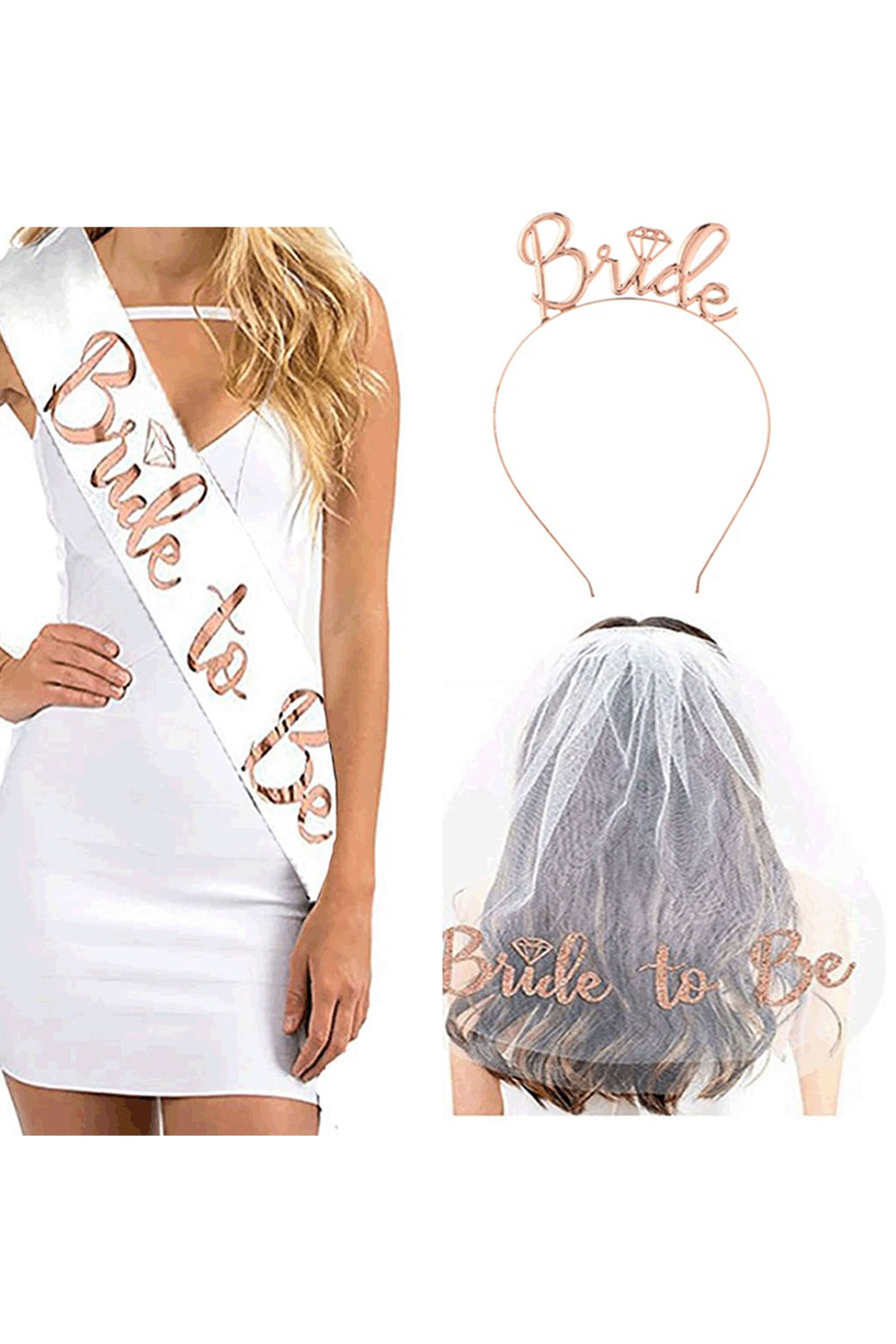 3Pcs Satin Sash Tiara Tulle Veil for Bridal Shower