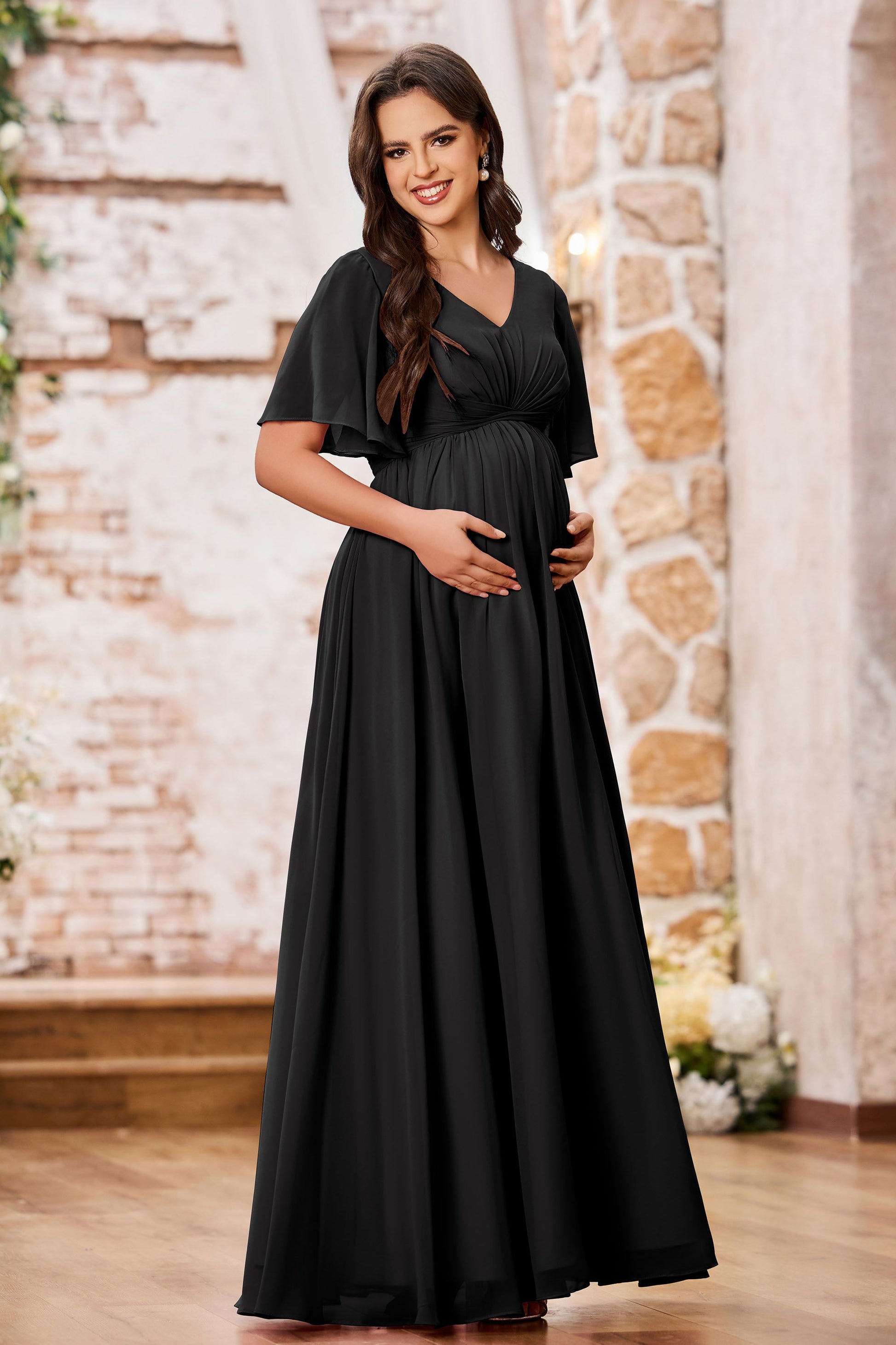 V-neck Flutter Sleeves Chiffon Empire Maternity Dresses – DUNTERY