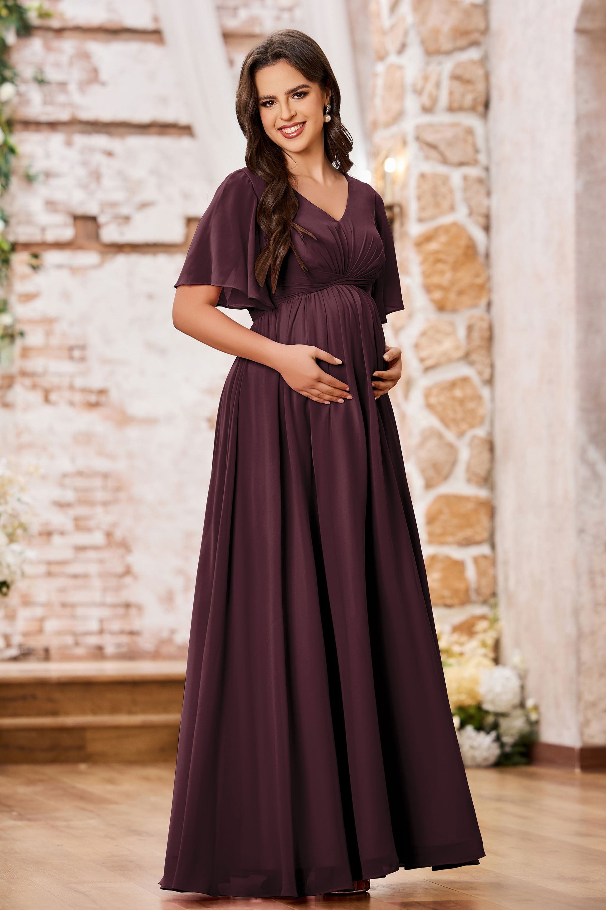 Duntery V-neck Chiffon Empire Maternity Long Dresses, Cabernet Duntery V-neck Chiffon Empire Maternity Long Dresses, Cabernet