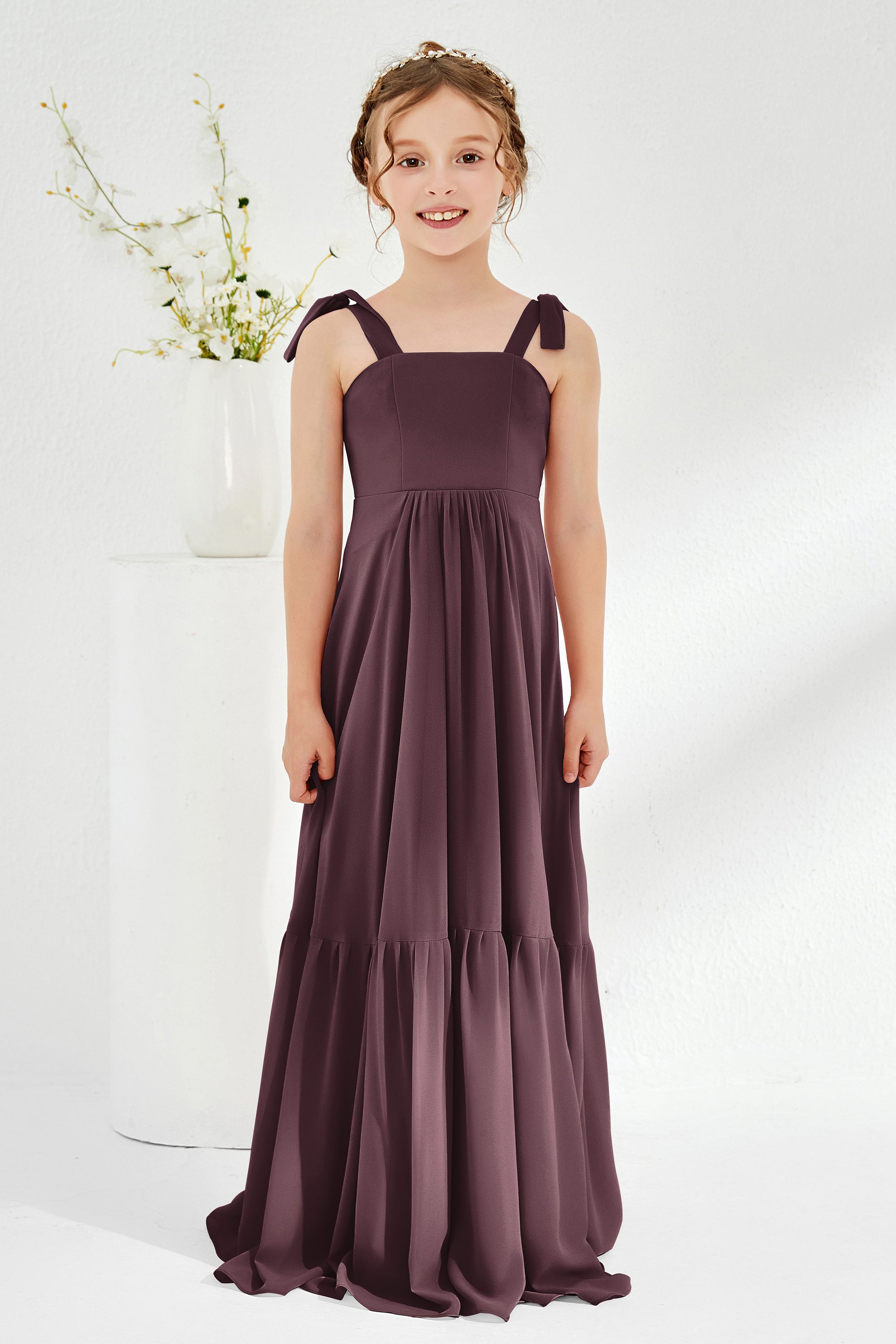 Duntery Cute A-Line Junior Bridesmaid Dress With Shoulder Bow, Plum Duntery Cute A-Line Junior Bridesmaid Dress With Shoulder Bow, Plum