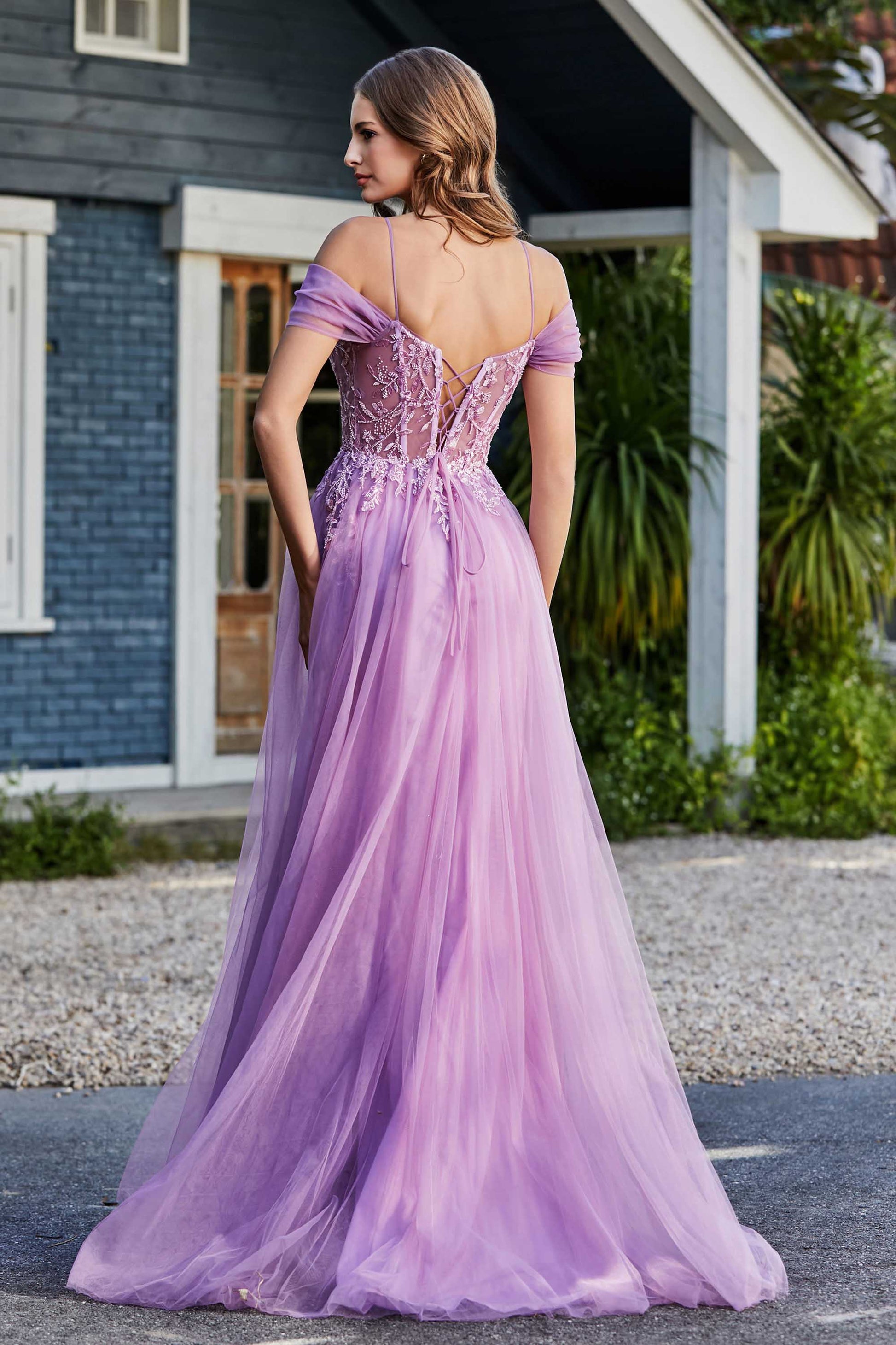 Duntery Lace Up Back Off Shoulder Tulle Dress, Lilac Duntery Lace Up Back Off Shoulder Tulle Dress, Lilac