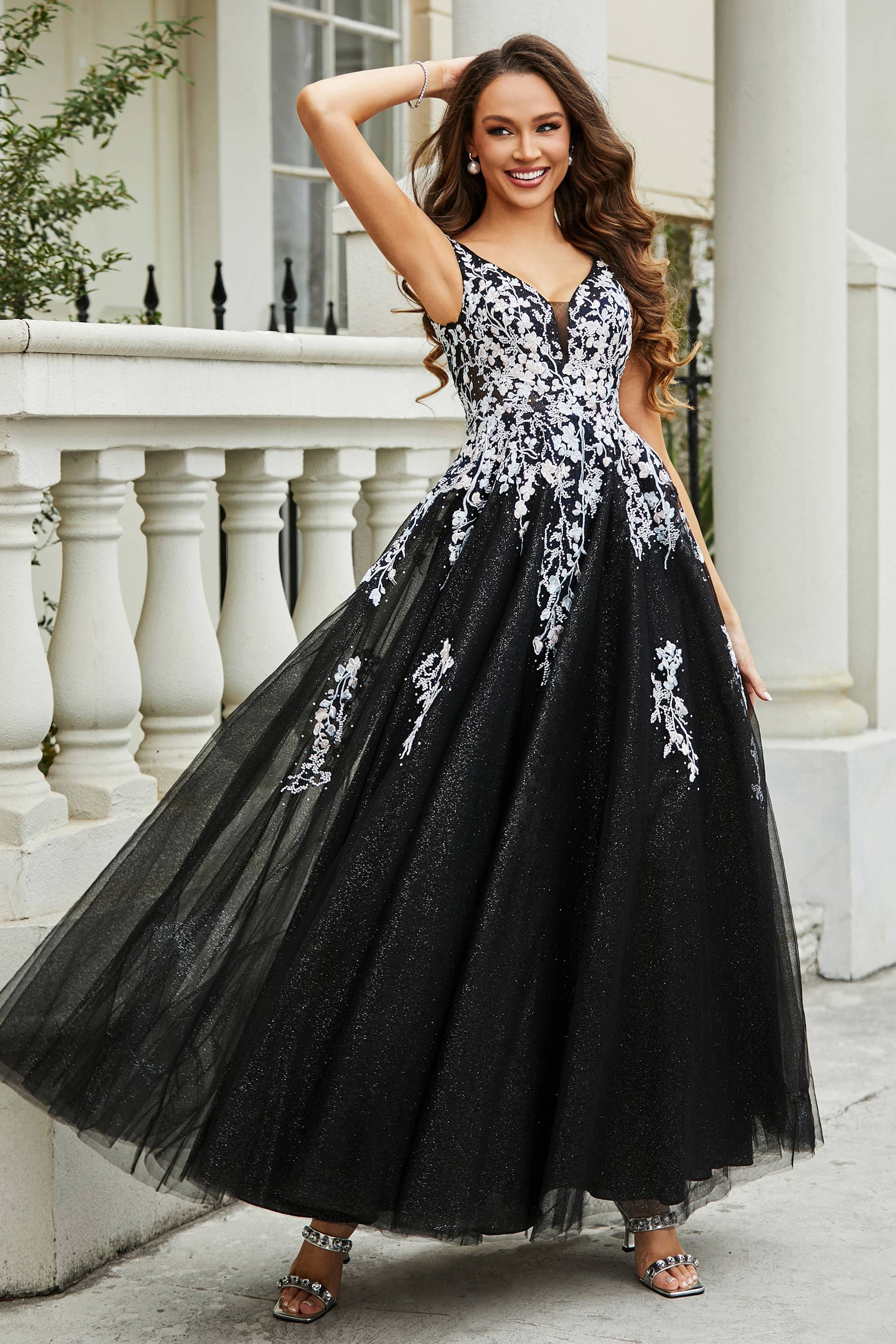girl in black prom dress fight video A-Line Plunging V-neck Tulle Gown – DUNTERY