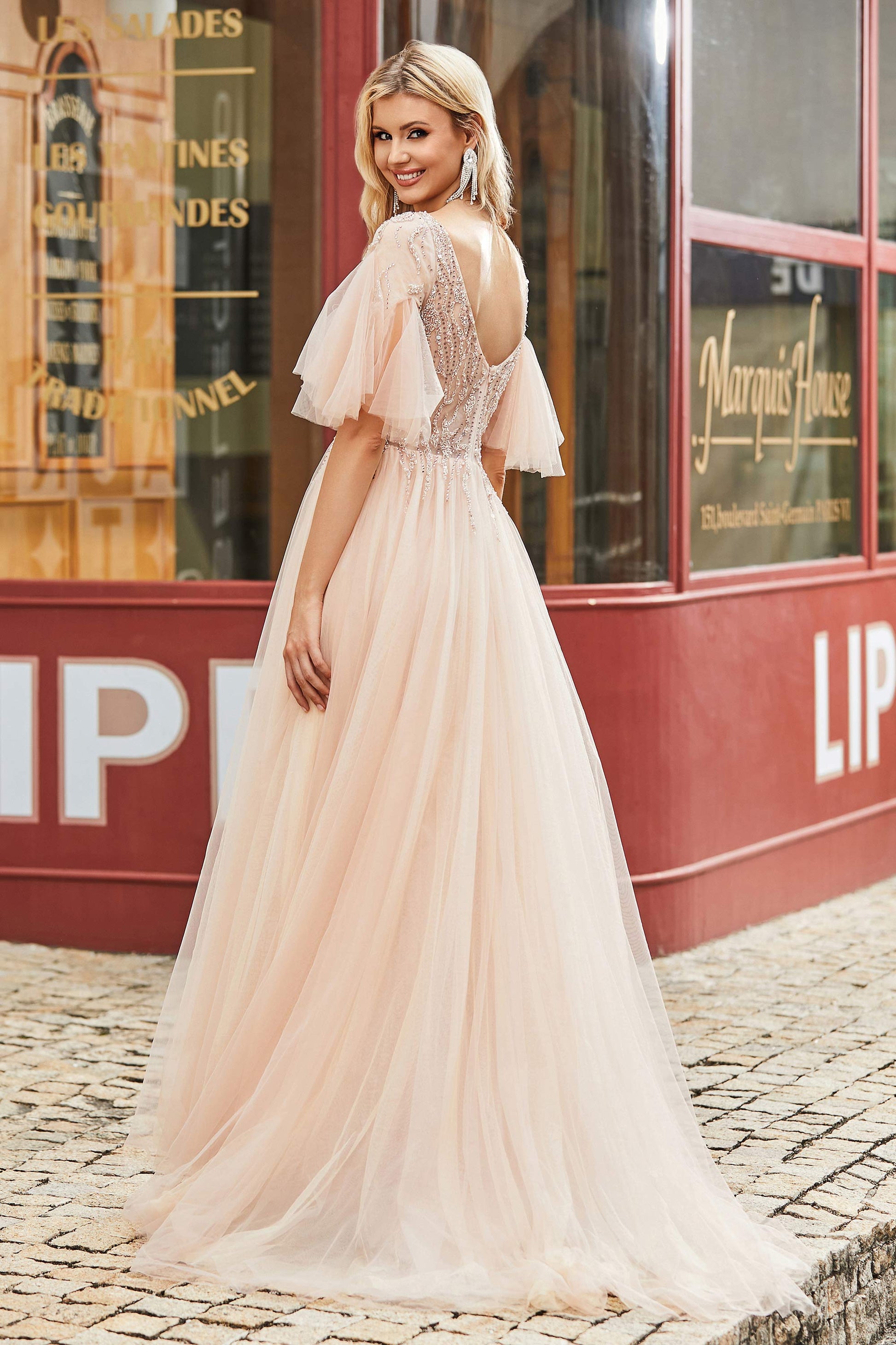 beaded flutter sleeve wedding dress 9890: Beaded Tulle A-Line Gown with Illusion Flutter Sleeves