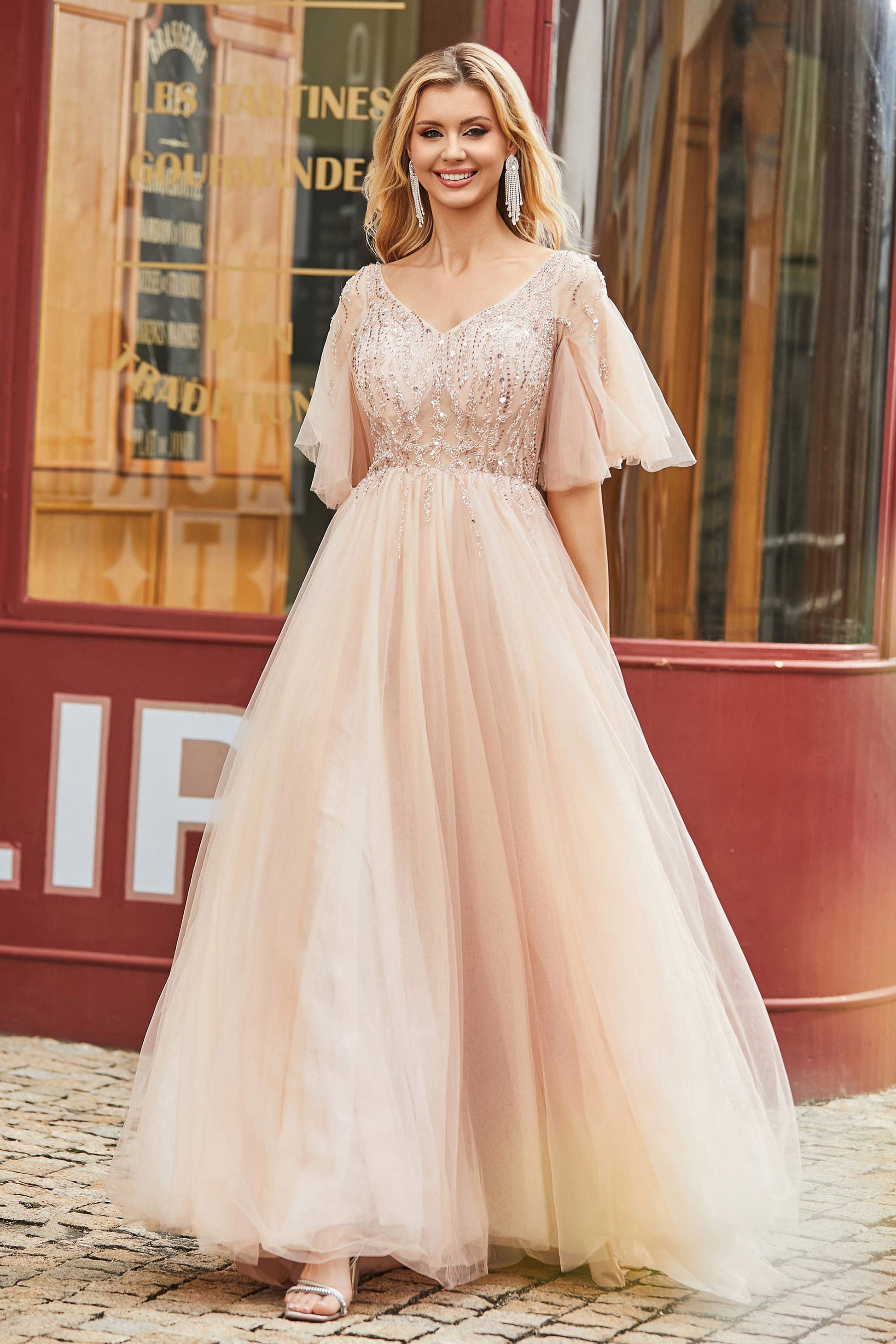 satin dress with tulle sleeves Red Satin Gown With Dramatic Tulle Sleeves