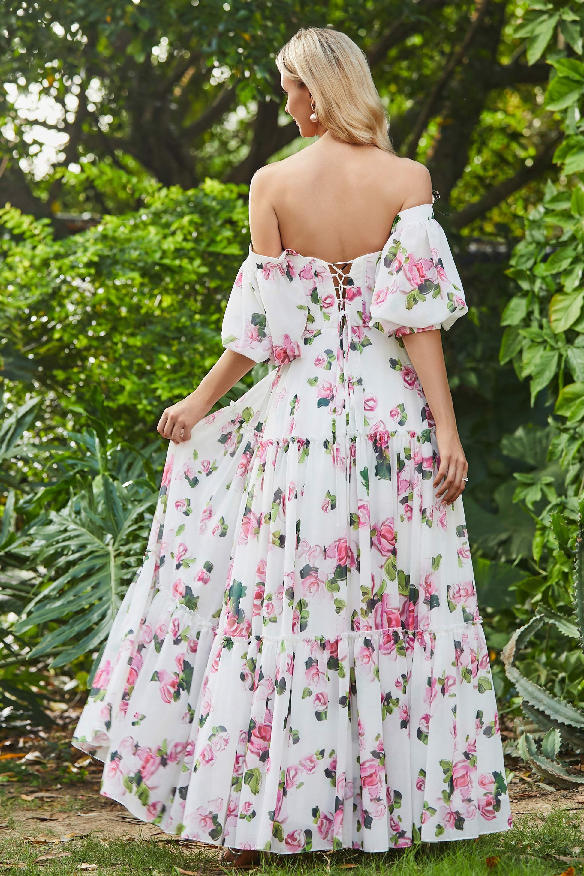 Duntery Floral Off Shoulder Ruffled Chiffon Long Dress Duntery Floral Off Shoulder Ruffled Chiffon Long Dress
