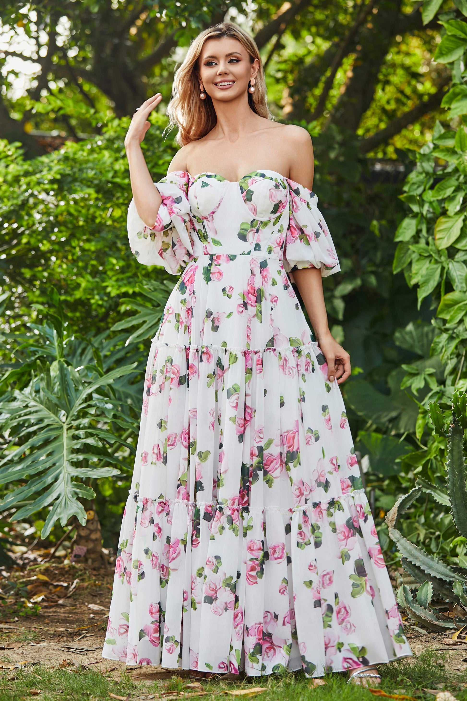 Duntery Floral Off Shoulder Ruffled Chiffon Long Dress Duntery Floral Off Shoulder Ruffled Chiffon Long Dress