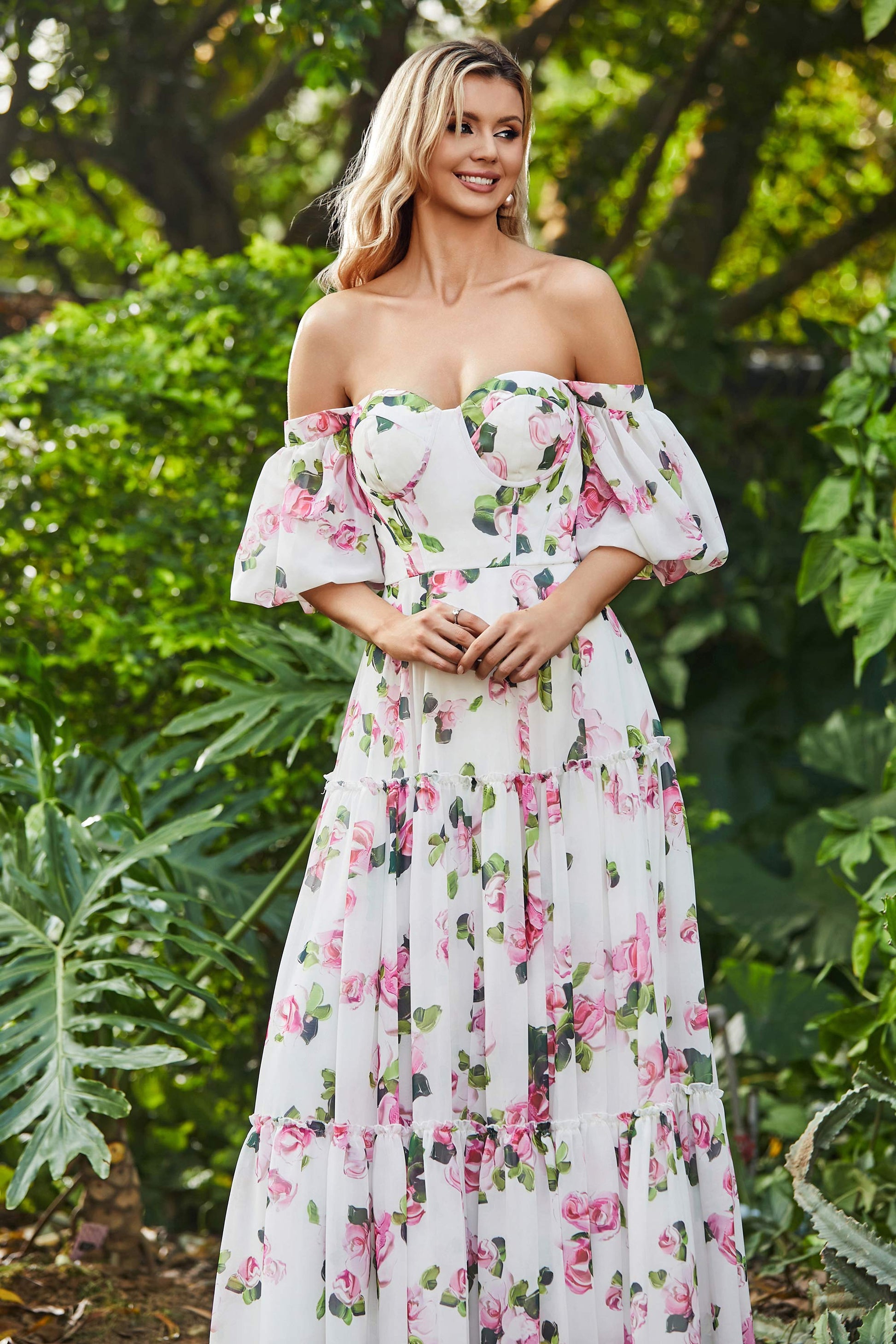Duntery Floral Off Shoulder Ruffled Chiffon Long Dress Duntery Floral Off Shoulder Ruffled Chiffon Long Dress