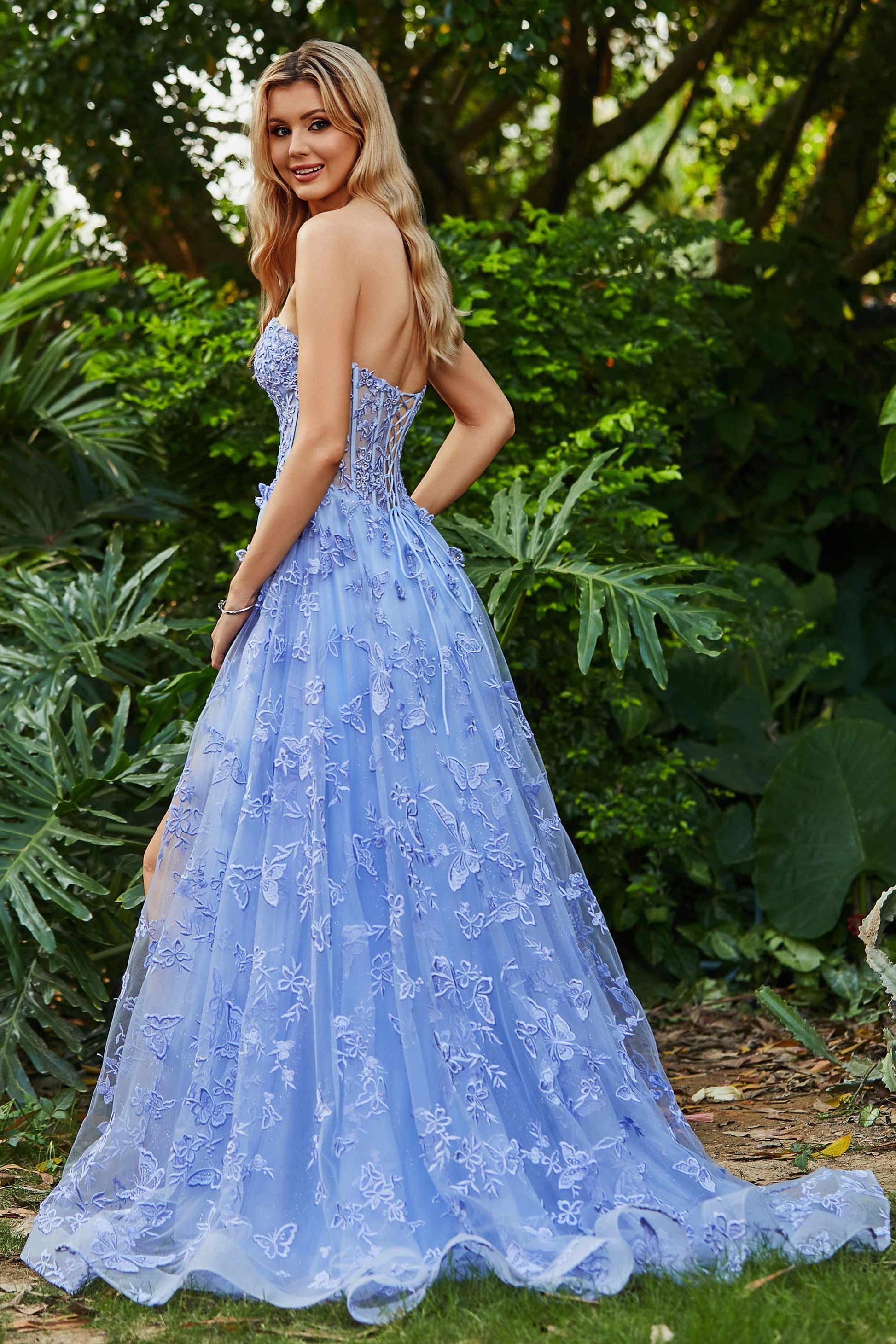 Duntery Butterfly Applique Sweep Train Gown With Slit, Blue Duntery Butterfly Applique Sweep Train Gown With Slit, Blue