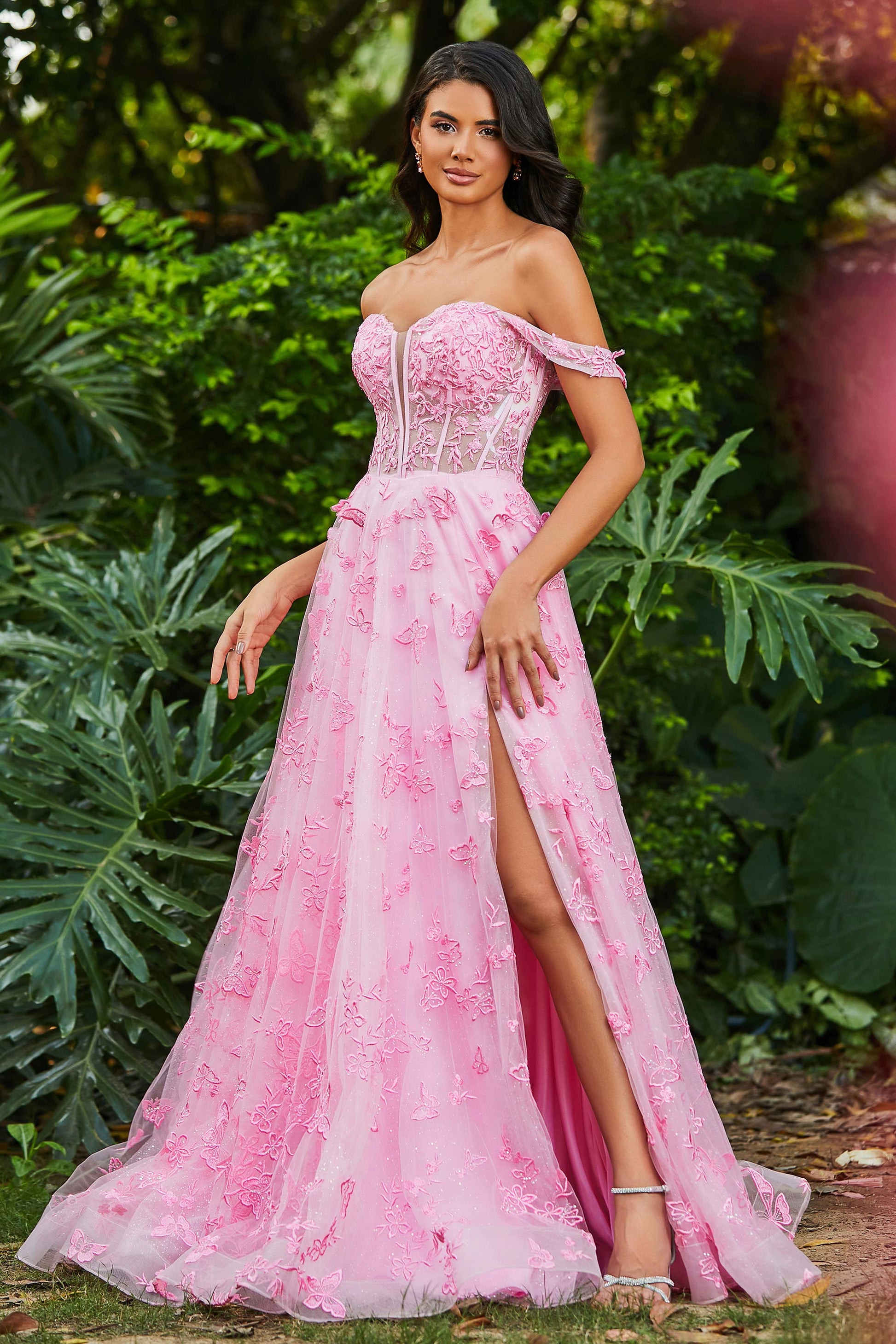 Duntery Butterfly Applique Sweep Train Gown With Slit, Blue Duntery Butterfly Applique Sweep Train Gown With Slit, Blue
